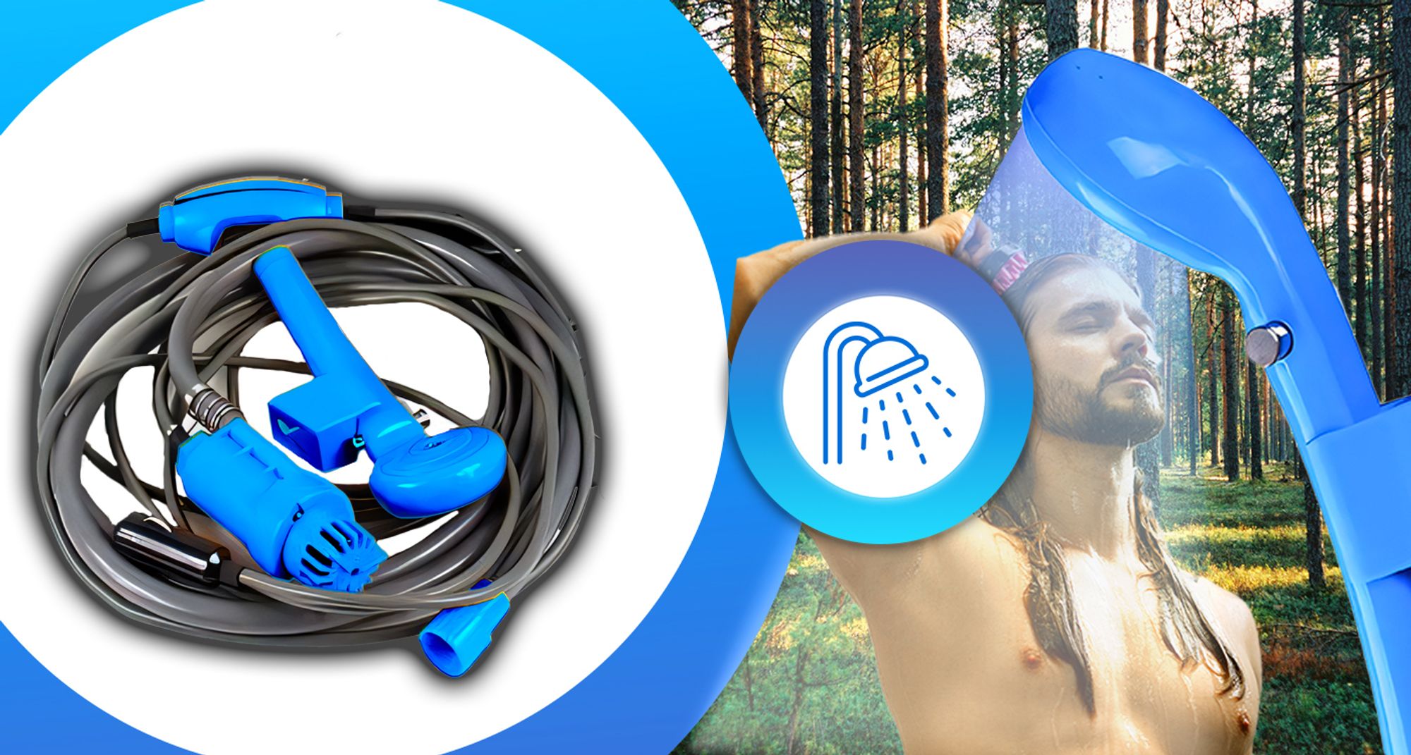 Campingdusche mit Pumpe 12 V, 2m lange Duscheschlauch, Outdoor Dusche für Garten, Strand, Camping, Reisen, Autowäsche, Mobile Dusche, Blau, Retoo
