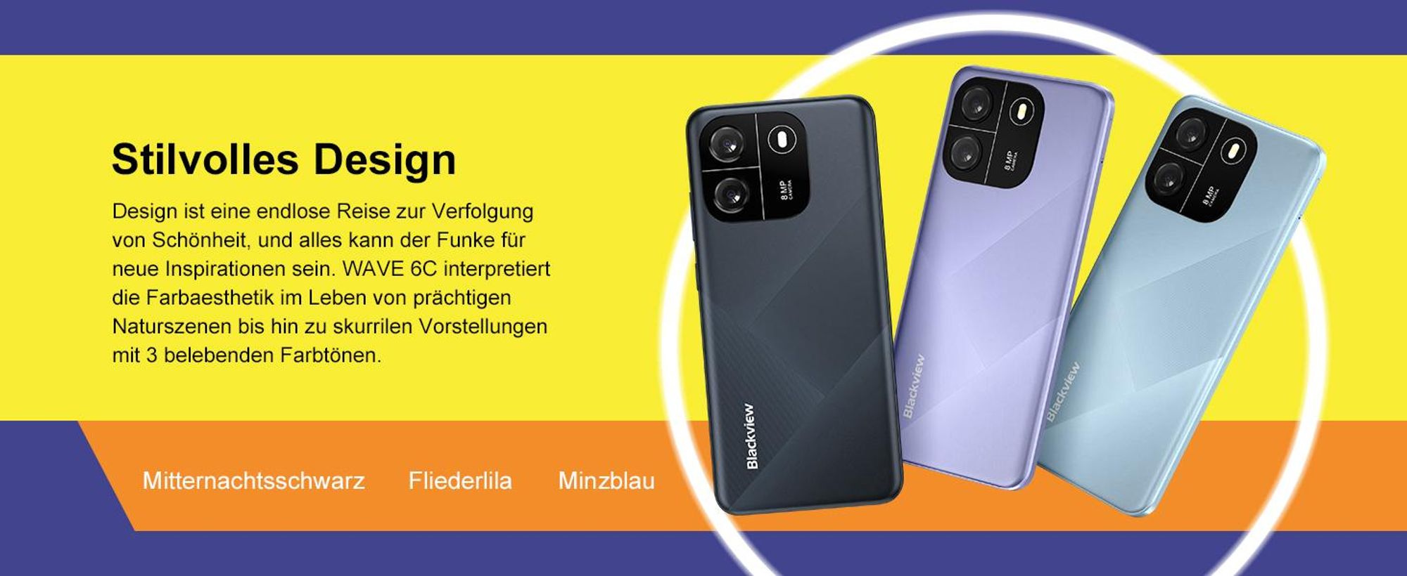 Blackview WAVE 6C 6.5“ Android handy Ohne Vertrag, 4+32GB, 5100mAh, Face ID, Dual SIM, TPU-Schutzhulle