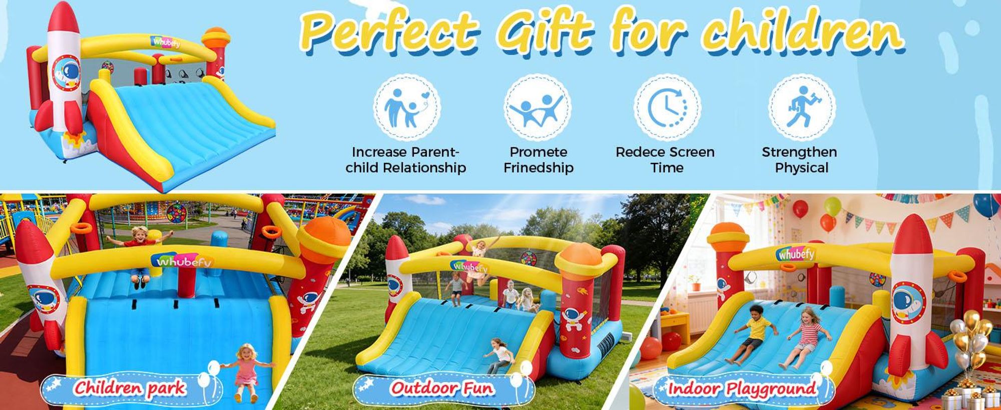 Upgraded Hüpfburg für große Kinder 410x405 cm mit großer Rutsche, Springbereich, Kletterwand, Basketball-Spiel, verstärktes Material, für 2-12 Kinder