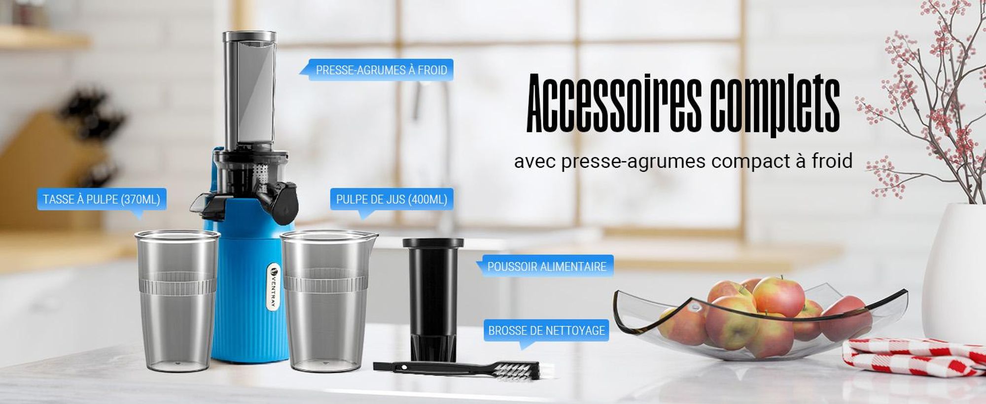 Ventray Essential Ginnie - Centrifugeuse à pression à froid, Slow Juicer Compact & Silencieux (60 tr/min, ouverture de remplissage de 45mm), sans BPA, 400ml, Nettoyage facile