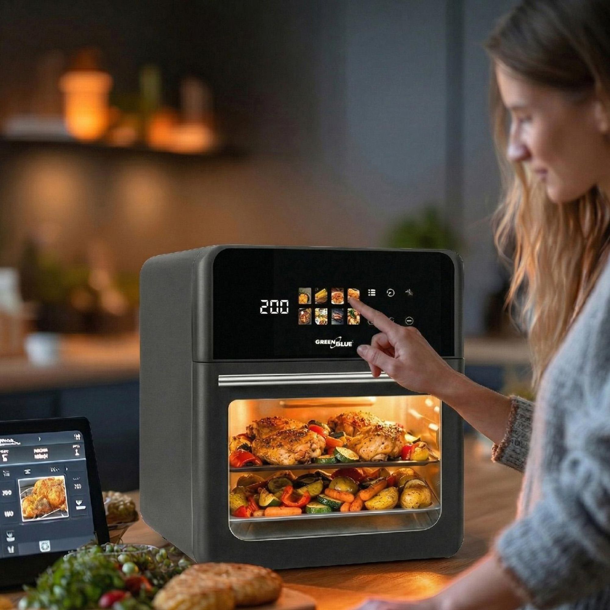 GreenBlue AIR FRYER Heißluftfritteuse 1800 W 10 l Fassungsvermögen 8 Programme Zubehör Timer GB950