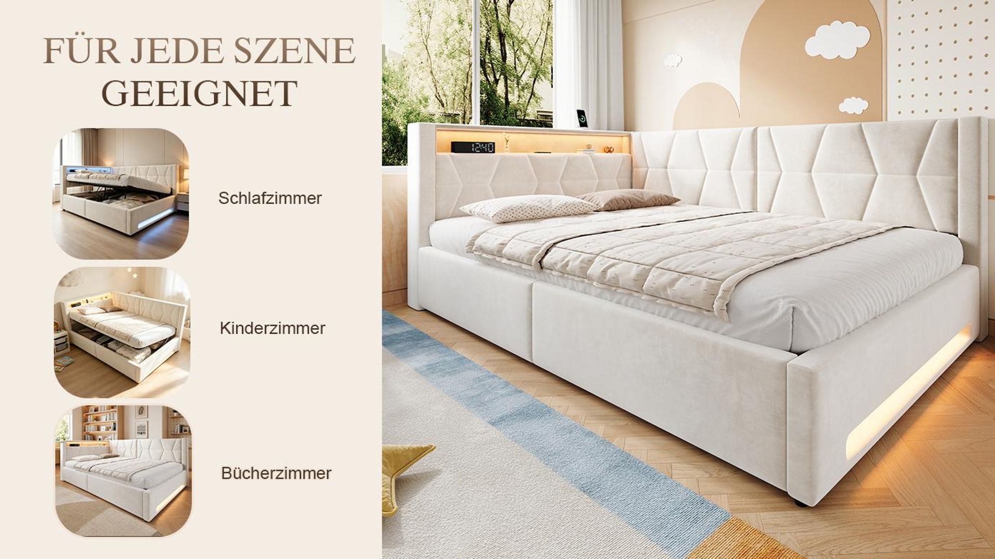 LVHOM Polsterbett 140x200cm Eckbett aus Samt, Stauraumbett mit LED und USB-C, Funktionsbett mit Bettkasten und Lattenrost, Doppelbett Beige