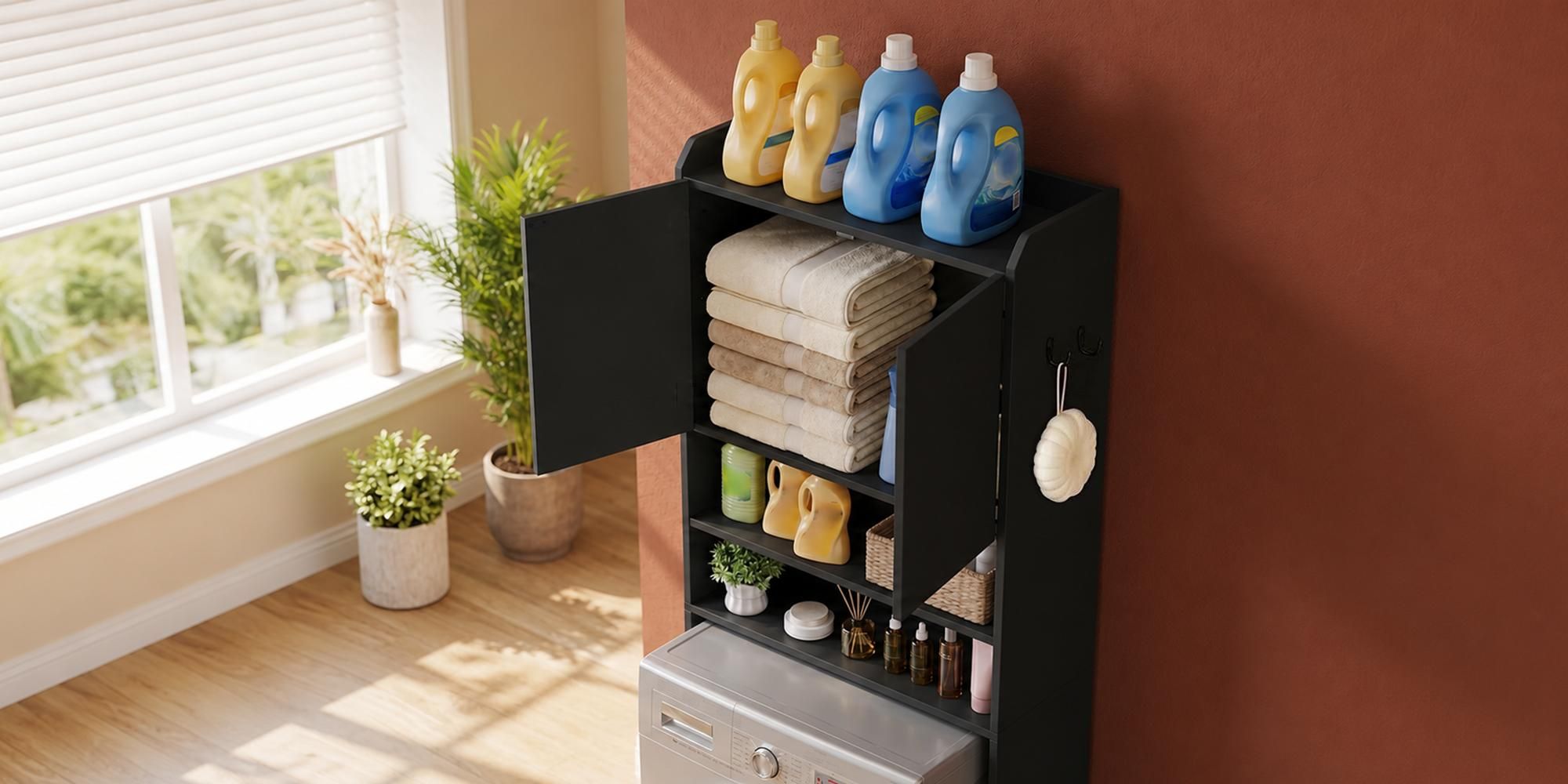 Fobyfurny Waschmaschinenschrank, Waschmaschinenregal, mit 2 Türen Toilettenregal, Verstellbare Regale, Badezimmerregal über Waschmaschine/Toilette