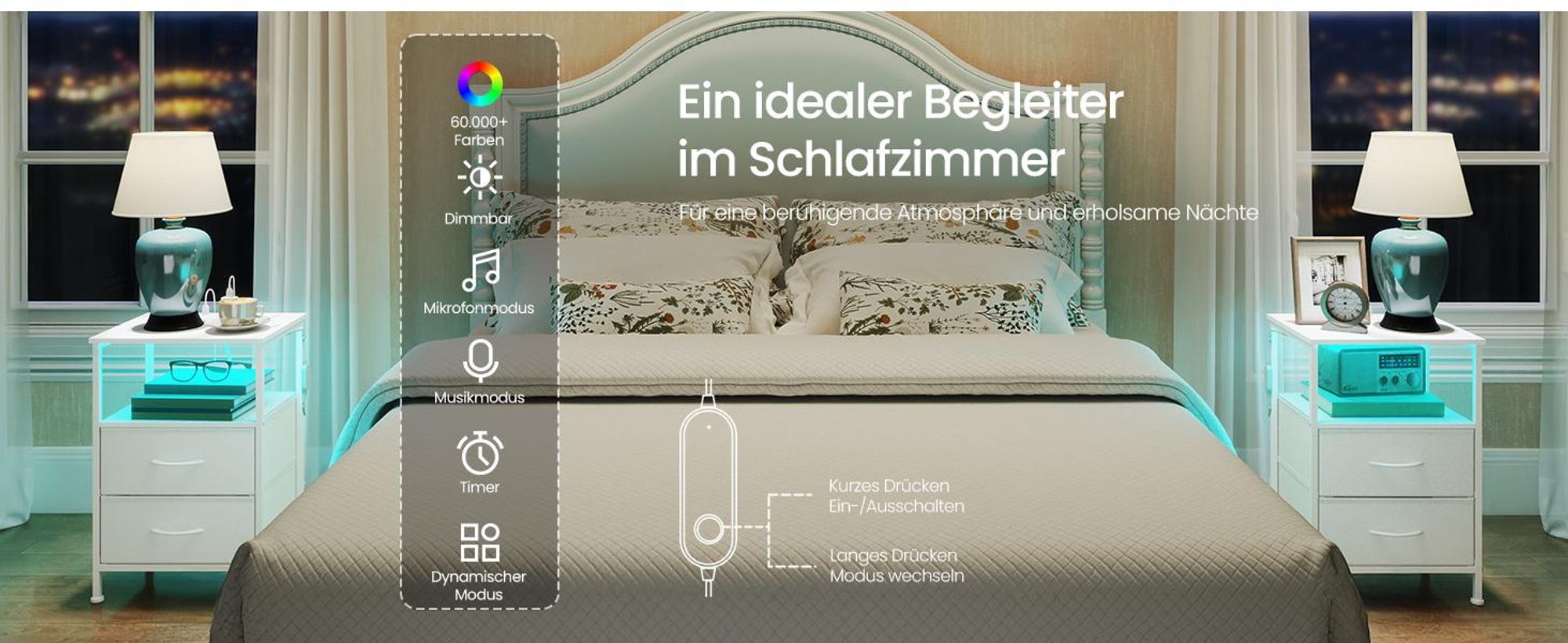 SONGMICS Nachttisch mit LED-Beleuchtung und Ladestation, 2er Set, Nachttisch mit 2 Schubladen und offenem Fach, weiß