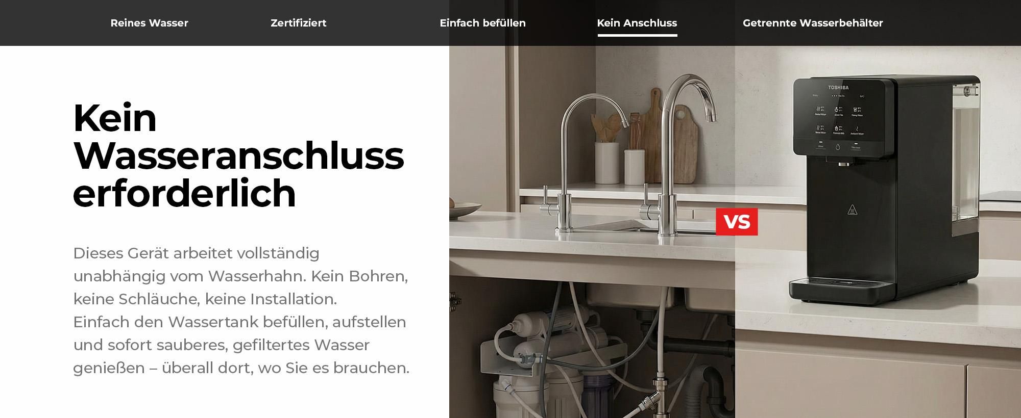 Toshiba Osmoseanlage, Wasserfilter Trinkwasser, Auftisch, Keine Installation, Heißwasserspender, Umkehrosmoseanlage, Mehrfach-Filterung, grau