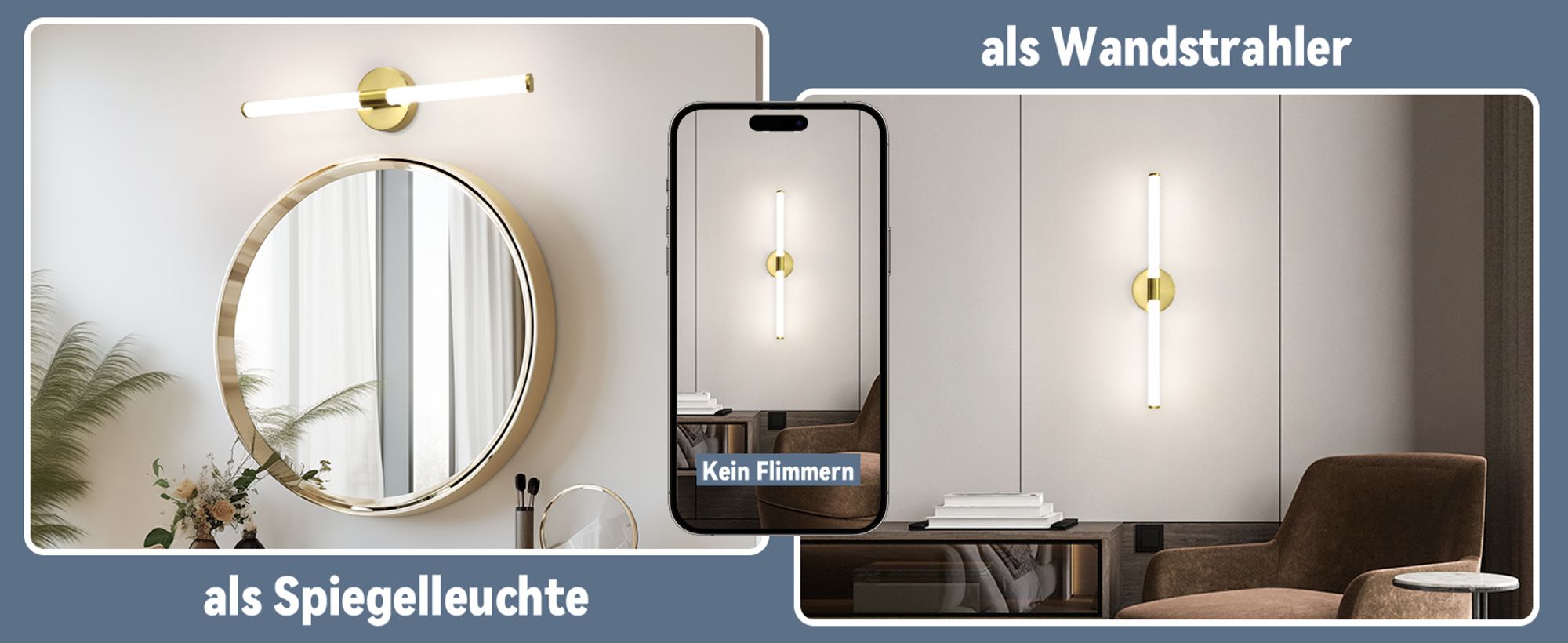 ZMH Spiegelleuchte Bad Wandlampe 8W Gold Badlampe 60CM Wand Badezimmer Lampe Wandleuchte 4000K Neutralweiß Spiegellampe für Flur Keller Küche