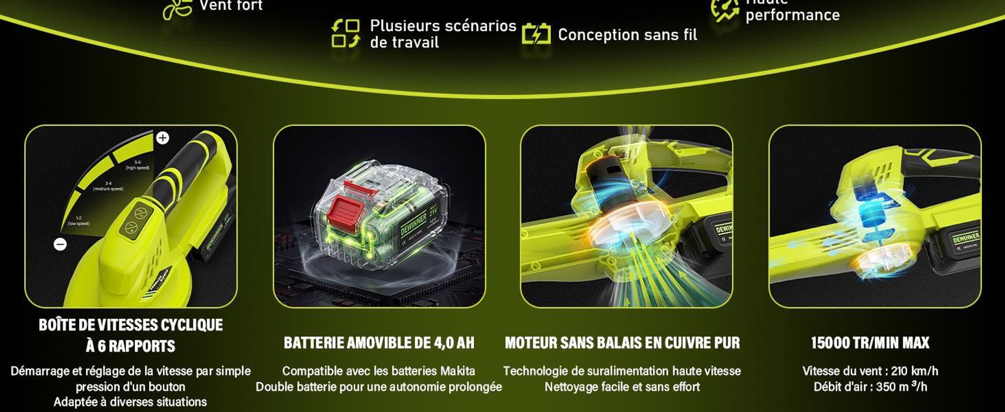 DEWINNER Souffleur de Feuilles sans Fil, 2 Batteries 4.0Ah, 210 km/h, 6 Vitesses Réglables, 2 Tubes Démontables, Kit Complet, Professionnel Jardin
