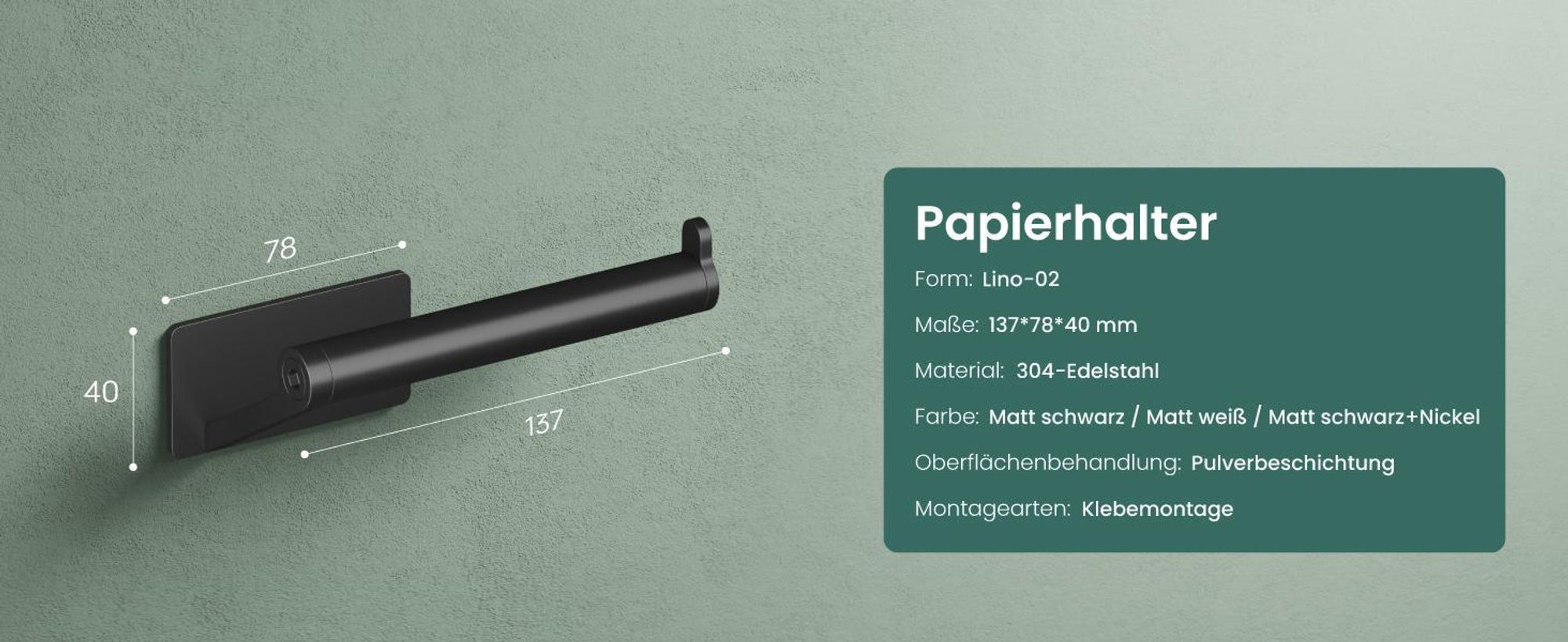 Mai & Mai Toilettenpapierhalter ohne Bohren, Klopapierhalter WC aus Edelstahl, Toilettenpapier Halterung Rollenhalter Matt weiß Lino-02