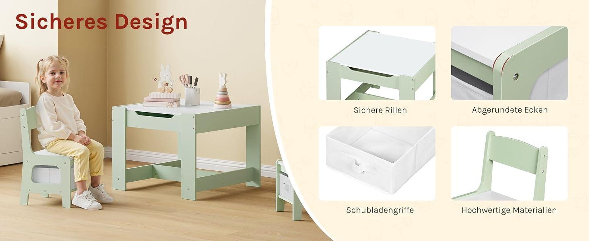 WOLTU Kindertisch mit 2 Stühlen, Kindersitzgruppe mit Stauraum, für Kinder ab 2 Jahren, Grün + Weiß
