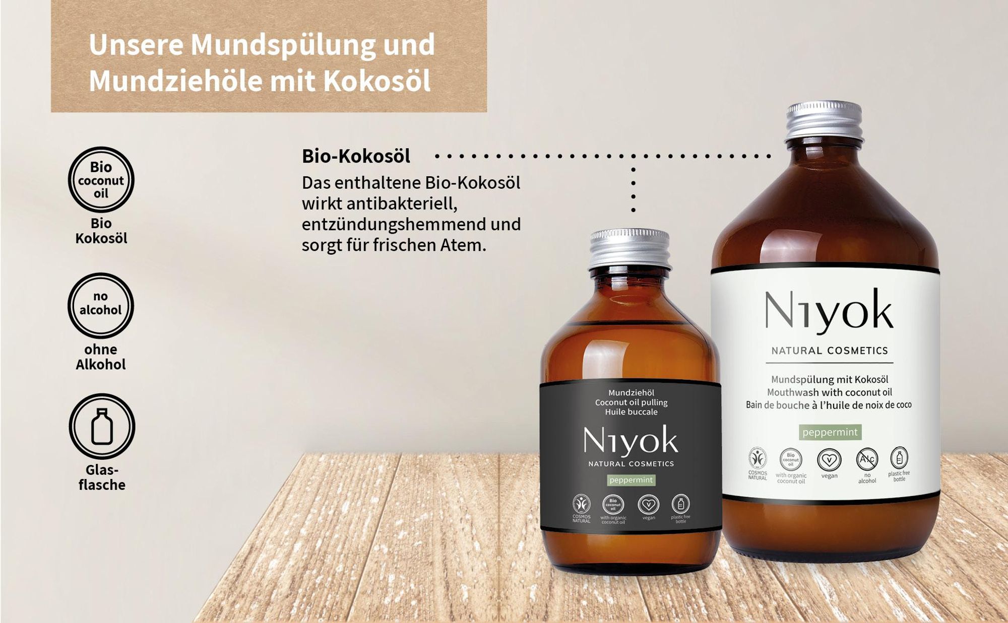 Niyok Mundziehöl aus Bio Kokosöl "Pfefferminze"(200ml) Mundspülung mit ätherischen Ölen Bio Kokos Ölziehkur gegen Karies, Zahnstein & Mundgeruch vegan