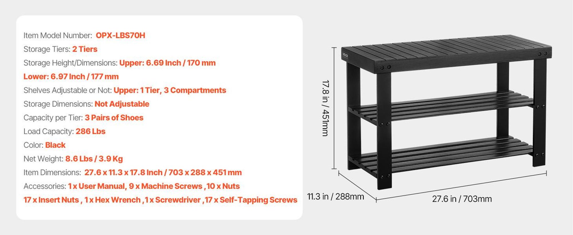 VEVOR Schuhregalbank Schuhbank (703 x 288 x 451 mm), Eingangsbereichsbank aus Ba