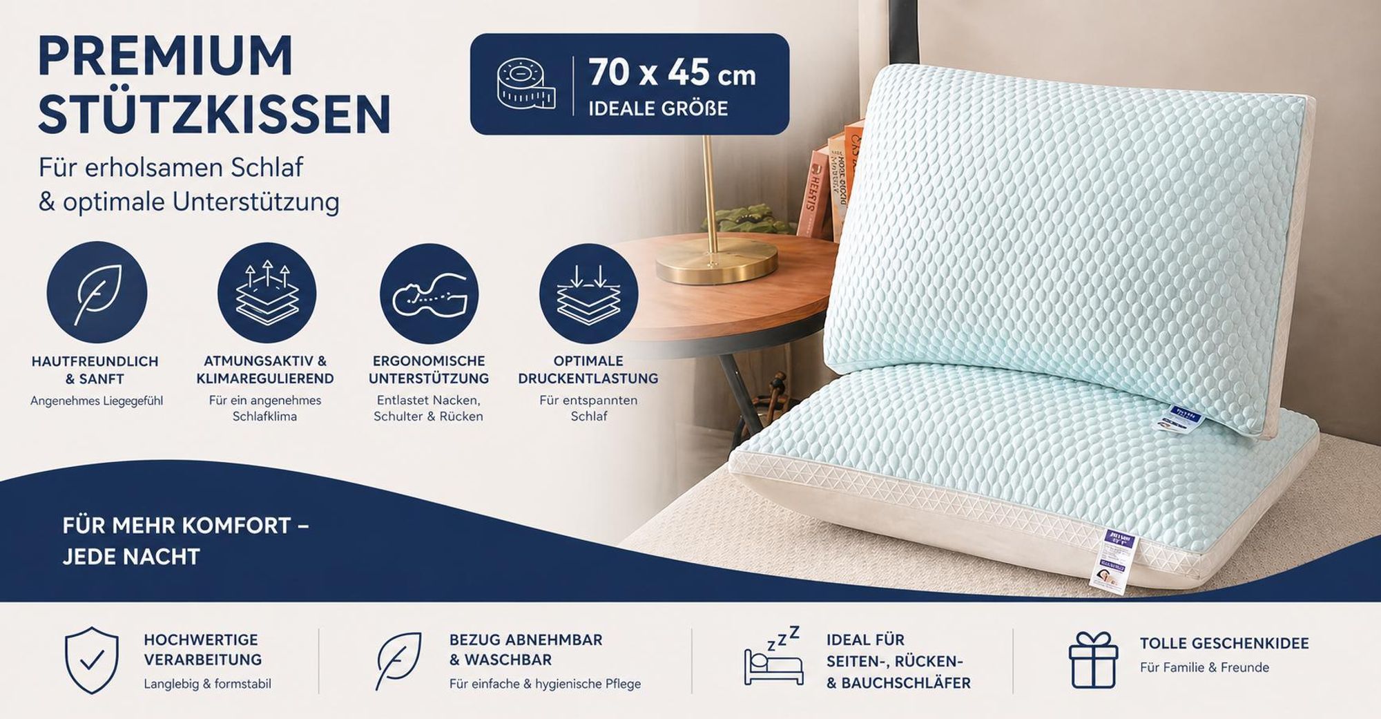 Kühles Kopfkissen Ergonomisch Atmungsaktiv Sommer Kissen Nackenkissen Weich für alle Schlafpositionen Komfort Schlafkissen YaLiva_Decor®