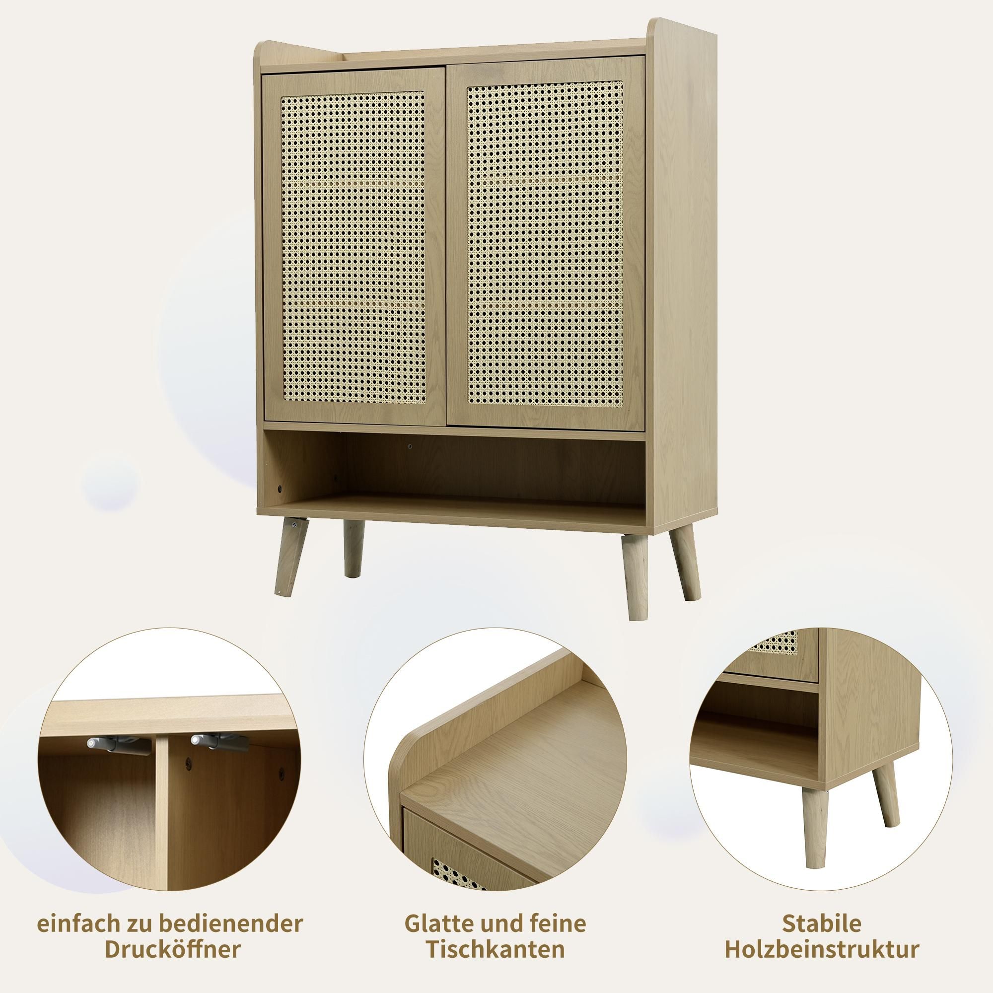 Merax Schuhschrank mit Rattantüren und Regalböden, Kommode Sideboard mit Holzgriffen und Massivholzbeinen, Rattan Wohnzimmerschränke, 80x105x35 cm