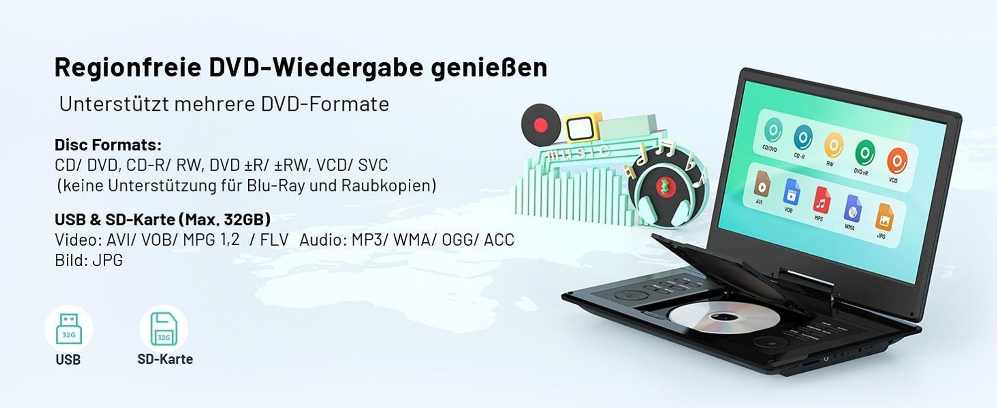 15,7" Tragbarer DVD-Player mit 14,1" HD-Schwenkdisplay, 6h Akkulaufzeit, Zonenfrei, Unterstützt Mehrere Formate/SD/USB, TV/Beamer-Anschluss