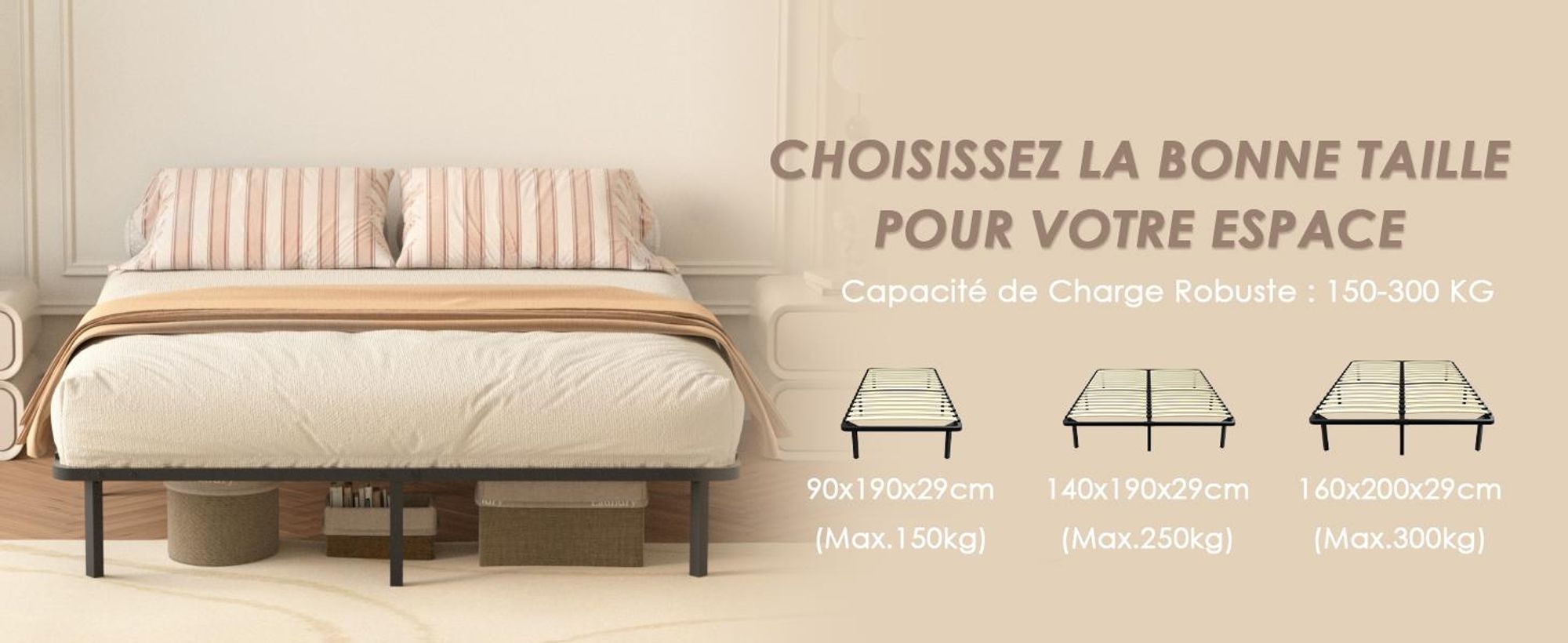 DEWINNER Sommier 90x190 | Sommiers à Lattes avec 6 Pieds pour Adulte | Cadre de Lit 90x190 avec Sommier | Hauteur du Cadre de Lit 29cm | 18 Lattes