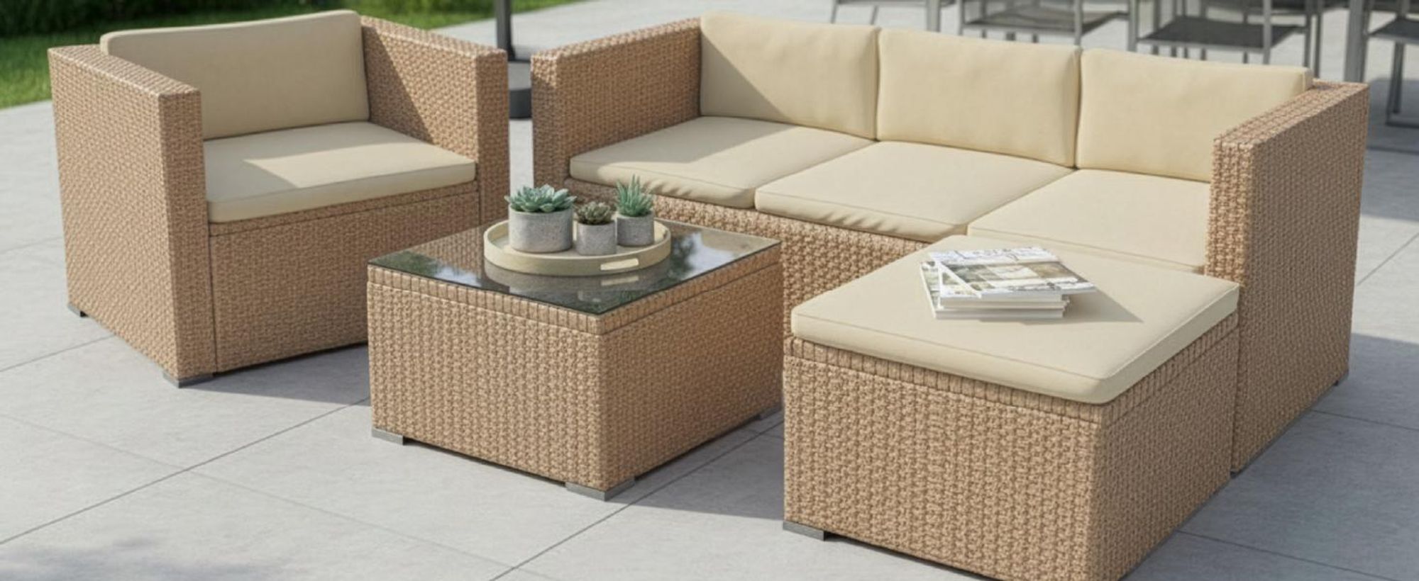 Juskys Polyrattan Lounge Punta Cana L creme – Gartenlounge für 4-5 Personen – Sitzgruppe mit Sessel, Sofa, Tisch & Hocker - Sitzbezüge Sand