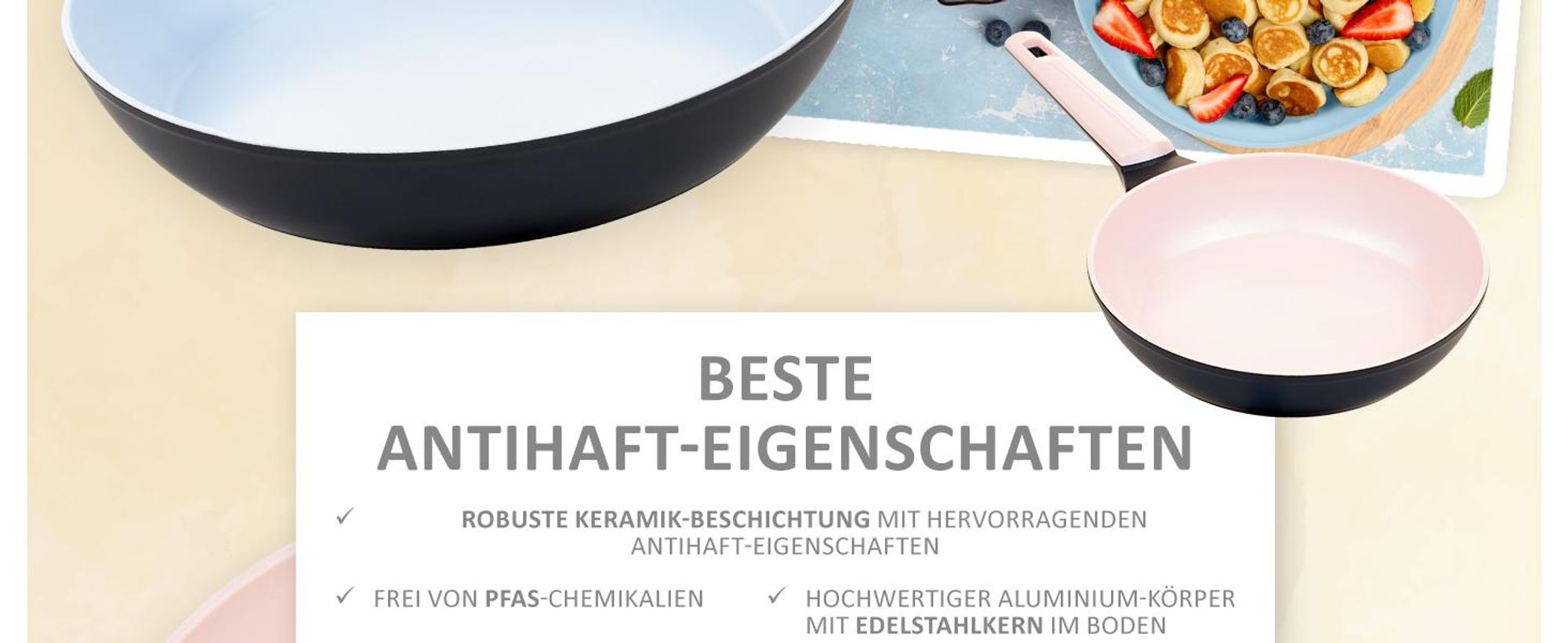 Genius Cerafit Trend Pastell Edition Pfannenset 3 tlg. Bratpfanne 20, 24, 28 cm – Keramik Antihaft Pfannen für Induktion & alle Herdarten