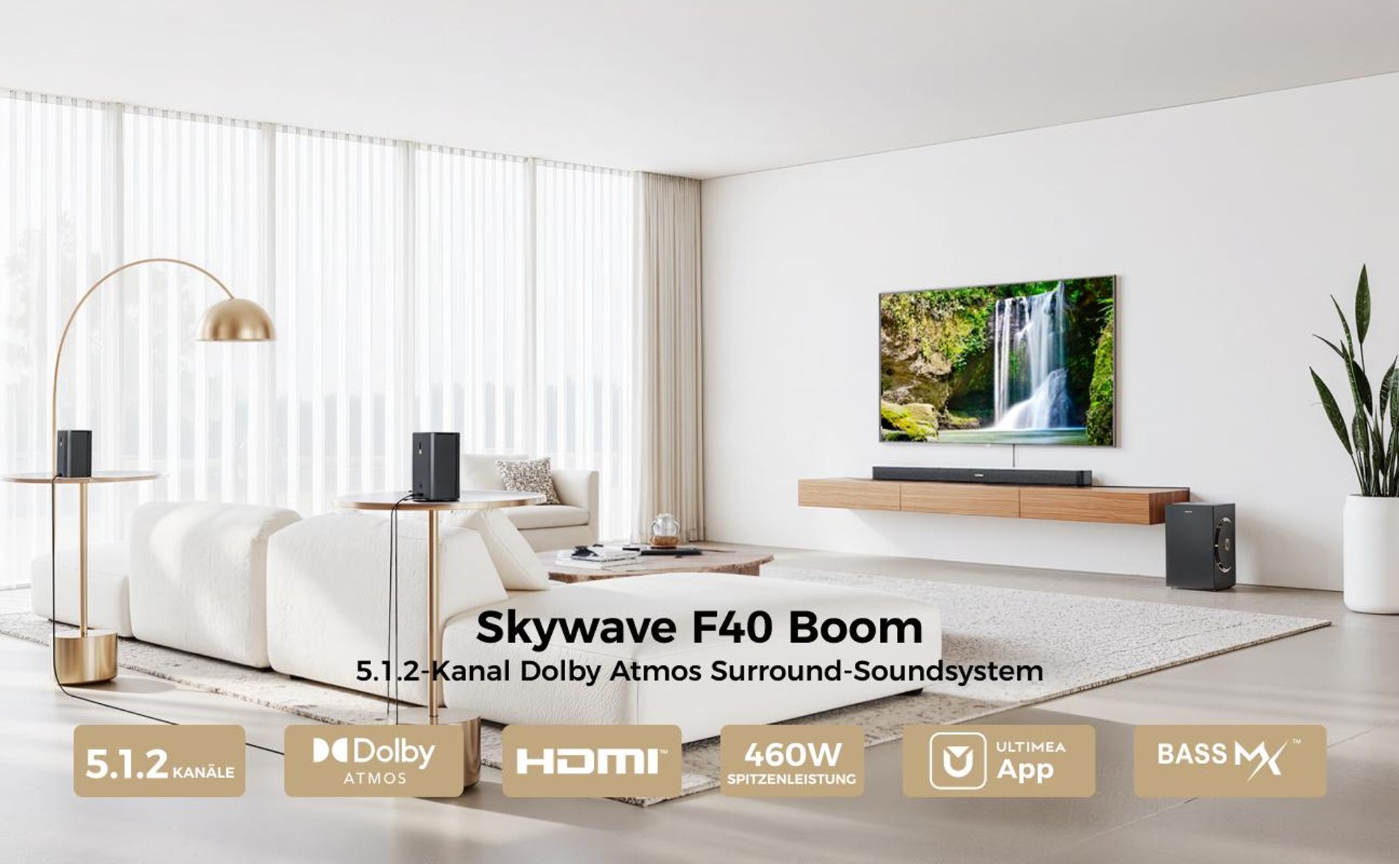 ULTIMEA Skywave F40 Boom Soundbar mit Dolby Atmos, 360° SurroundX Audio mit oben gerichtete Kanäl, 460W