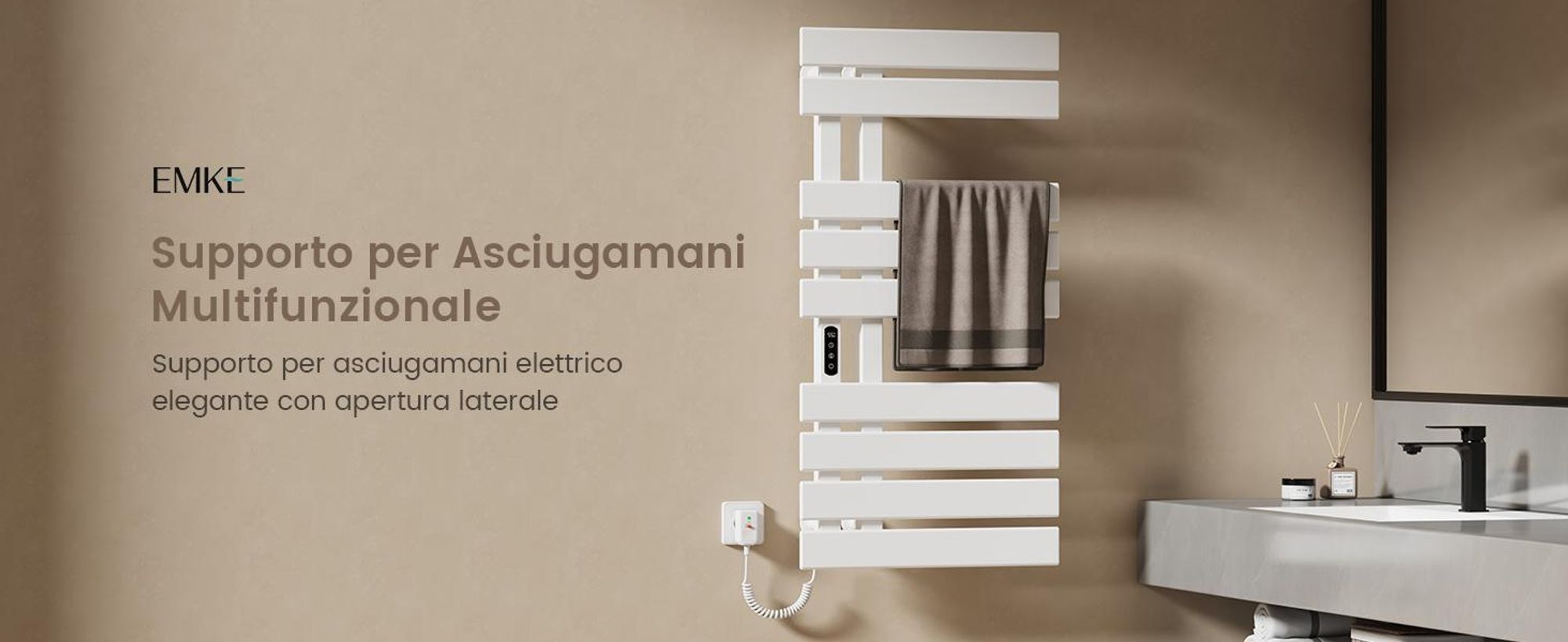 EMKE Scaldasalviette elettrico 1300X500mm 440W bianco, intelligente WiFi App, touch LCD, Timer 1-9H, IPX5