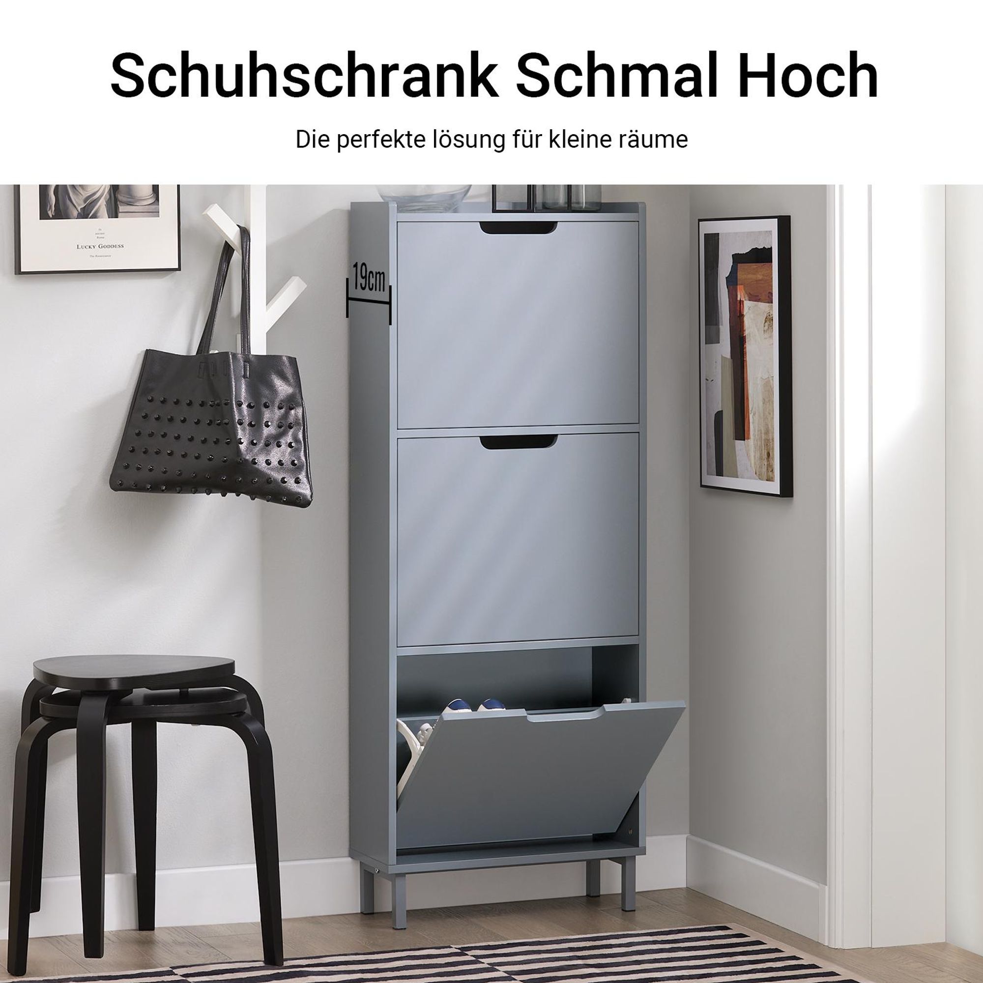 SoBuy Schuhschrank schmal mit 3 Klappen Platzsparender Schuhkipper Hoch Kommode Schuhregal geschlossen Flurschrank für Diele Flur Hellgrau FSR151-H-HG