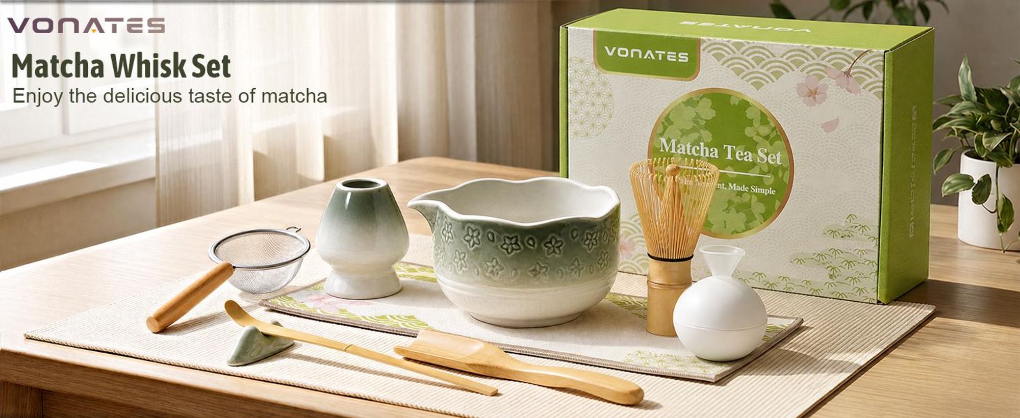 VONATES Matcha Set 9-tlg. mit Matcha-Schale, Bambus-Besener & Halter, Sieb, Löffel, Tuch, Eisform - Starter-Kit für Teezeremonie & Geschenk, Grün Farbverlauf