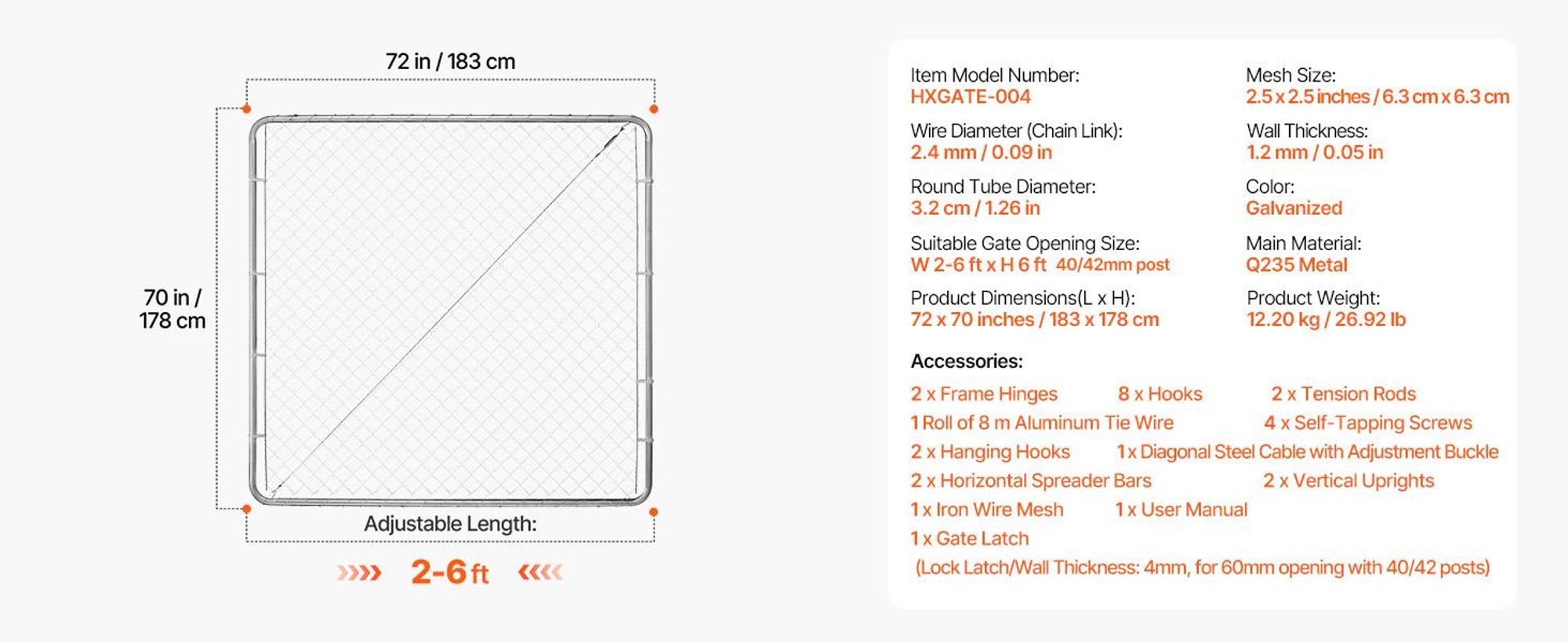 VEVOR Kettengliedzauntor, 72 x 48 Zoll, verstellbares Kettengliedzaunpanel, passend für 2,2-6 ft (B) x 6 ft (H) Gartentoröffnung, rostbeständiges verzinktes Zauntor für den Bauernhof, Pfosten nicht enthalten, 70x72 Zoll