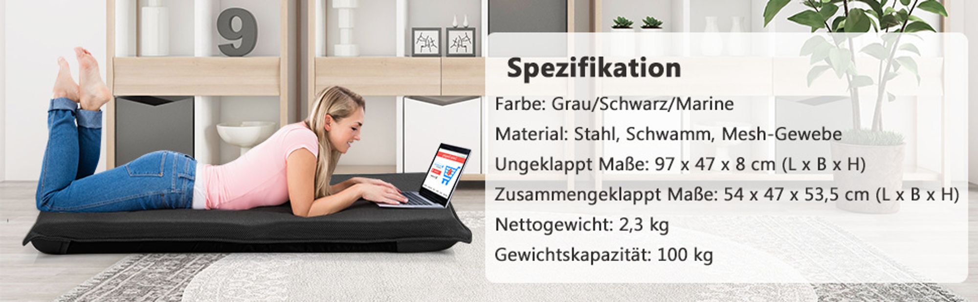Bodenstuhl klappbar mit 6 Einstellbarer Rückenlehne, Bodensessel mit Liegefunktion, Lehnstuhl gepolstert (schwarz)