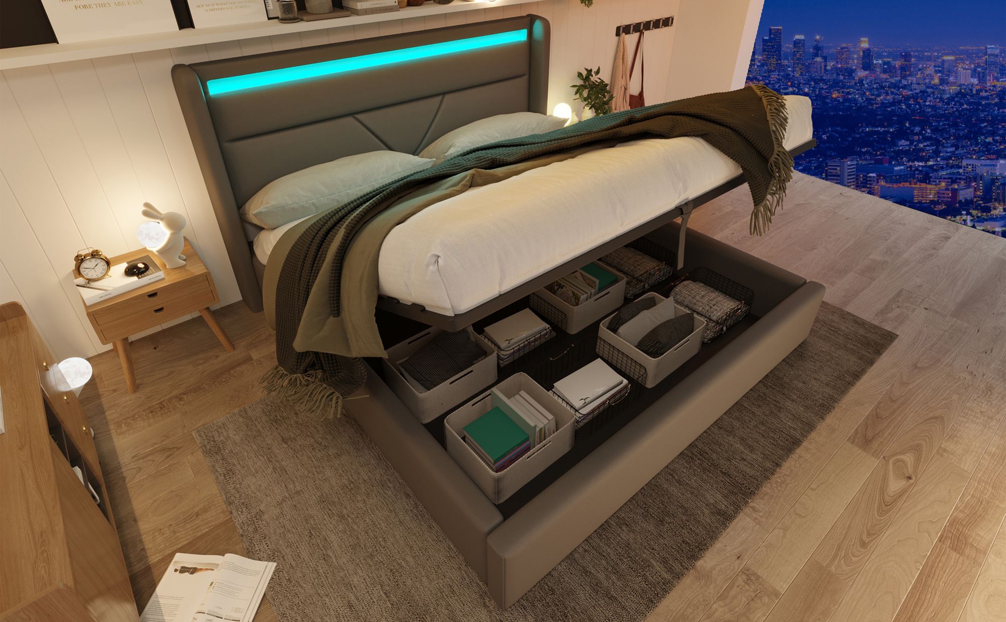 MODFU Boxspringbett 140x200cm Polstebett Doppelbett  mit LED-Beleuchtung,Stauraumbett mit Bettkasten & t Lattenrost,Grau(Mit Matratze)