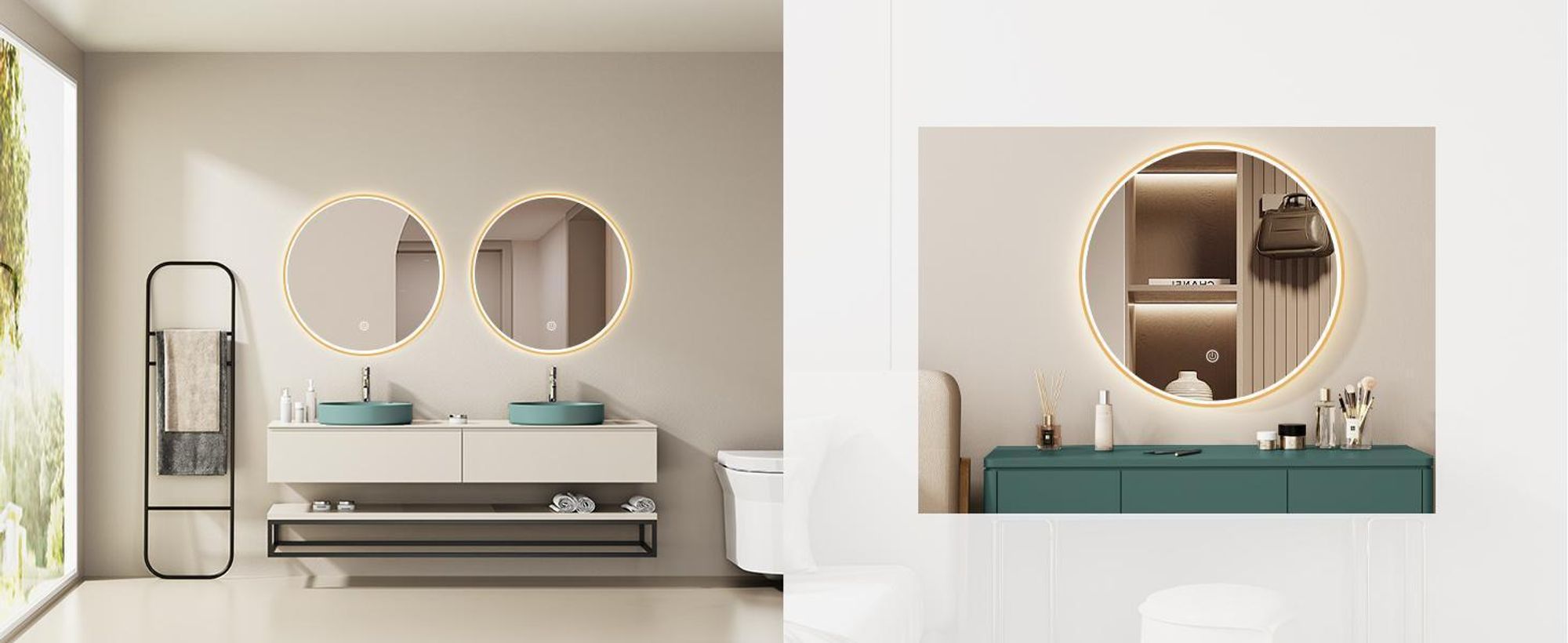 Miroir de salle de bain LED rond HOKO, diamètre 80 cm, avec cadre doré, fonction anti-buée, interrupteur tactile, mémoire, variation de couleur de 2700 à 6500 K, indice de protection IP44, couleur Marsala