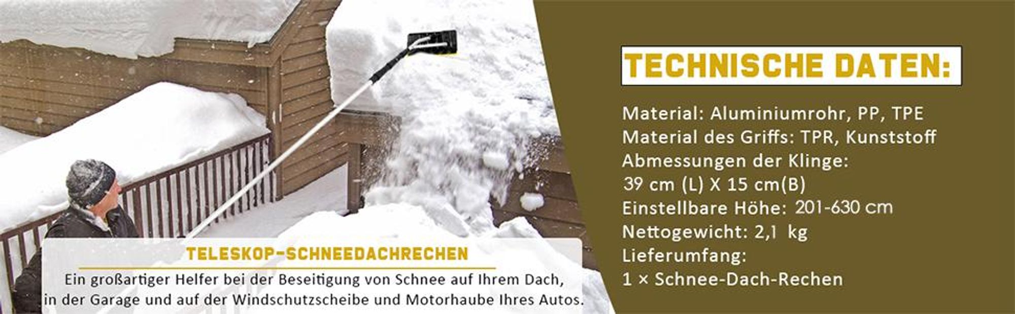 COSTWAY Schneeschaufel Dach, Einstellbereich 201-630 cm, Dachschneeräumer aus Aluminium, Schneeschieber Schneeräumer Dachräumer mit Rutschfester Griff