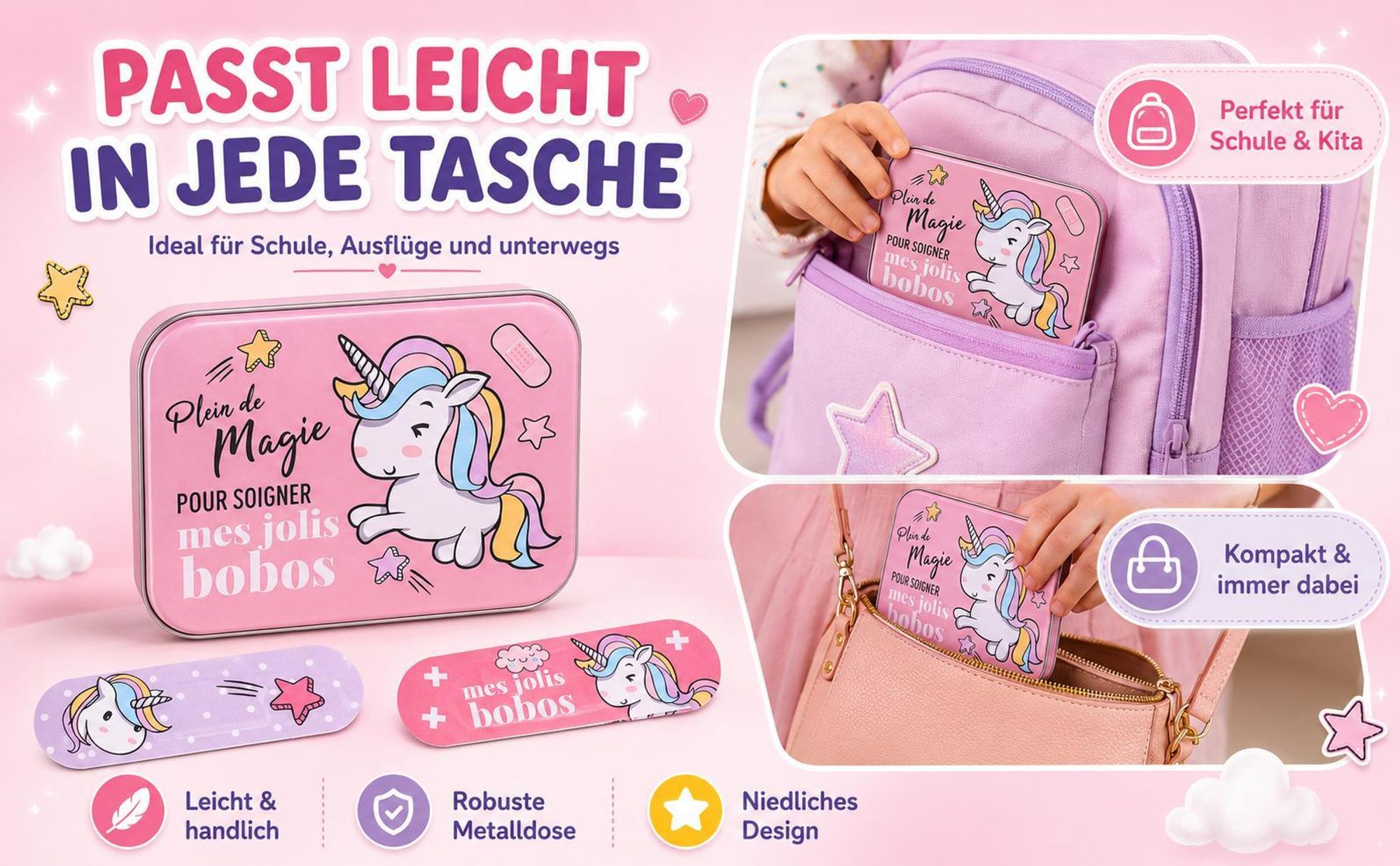 Unicorn Kinderpflaster Lizensiertes Produkt - Metall-Box - 24 Pflaster - Schönes Design Pflaster Aufbewahrungsbox für Kinder - 1 Box