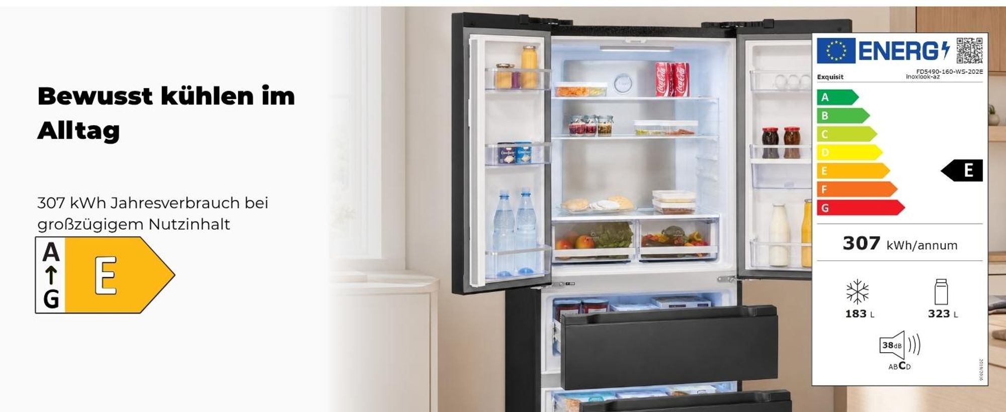 Exquisit Frenchdoor-Kühlschrank, 506 L, Kombigerät, 2-in-1, Kühl- und Gefrierteil, No-Frost, Wasserspender, inoxlook, FD5490-160-WS-202E inoxlook-az