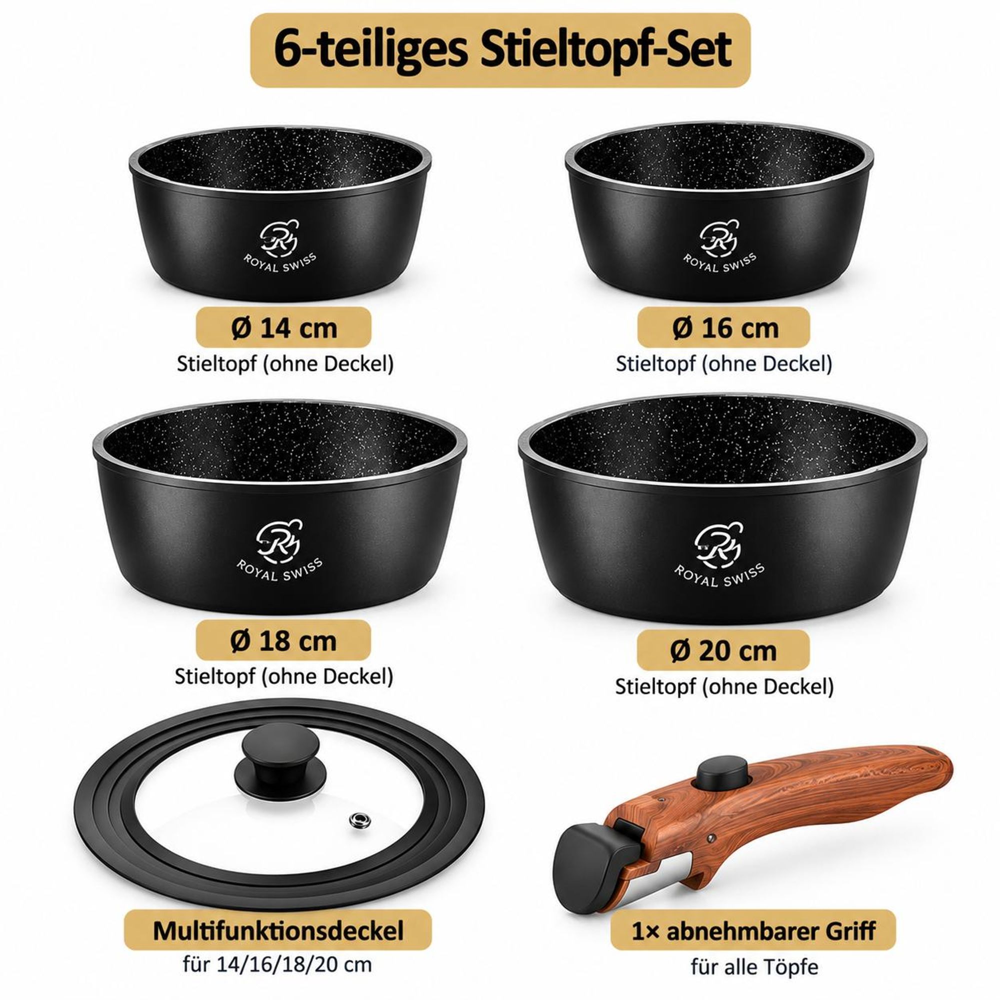 Topfset 6-teilig mit abnehmbaren Griffen Edelstahl Induktion Royal Swiss