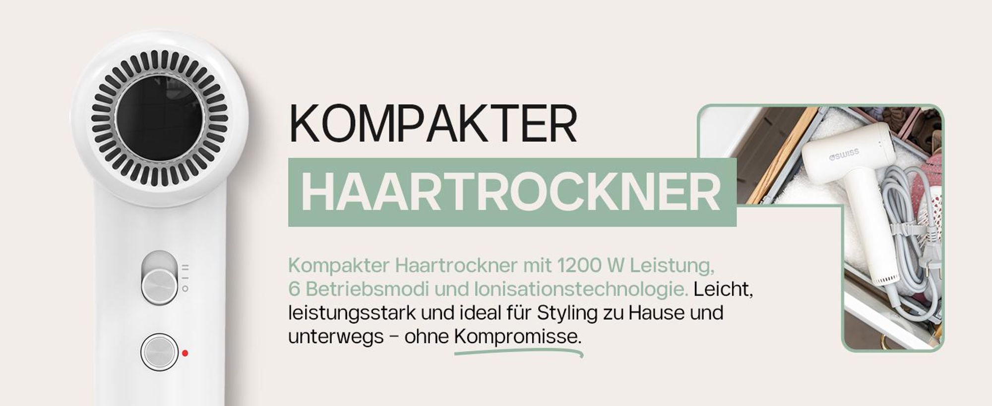 4Swiss F325 AirTravel + Reise-Haartrockner - Ionen Reiseföhn 1200 W Kompakt Haarföhn Föhn Kaltstufe Leicht Styling Weiß