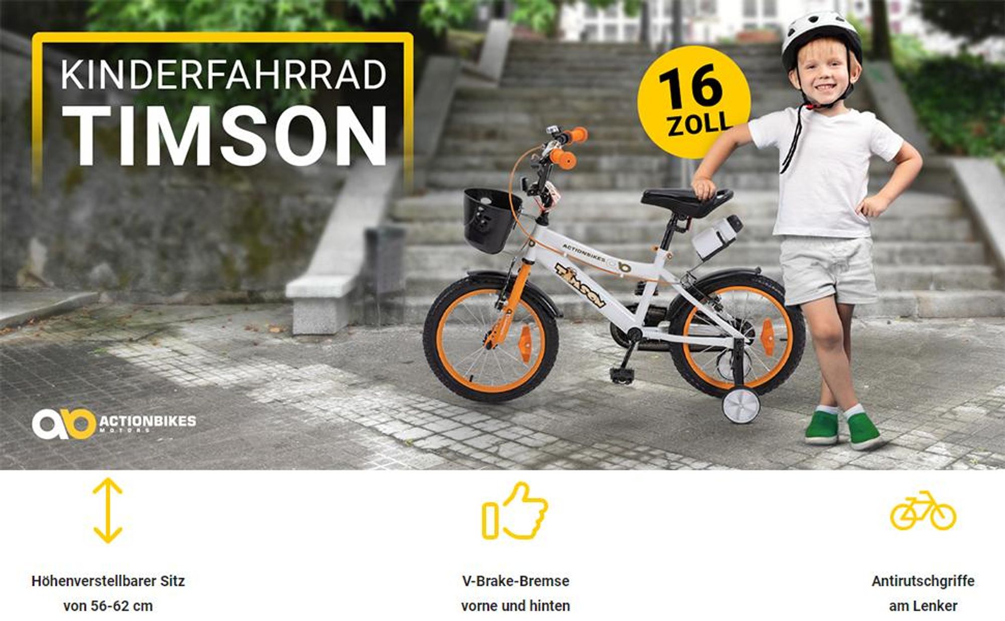 Actionbikes Kinderfahrrad Timson 16 Zoll | Kinder Fahrrad - V-Brake Bremsen - Kettenschutz - Fahrradständer - Fahrradkorb - 4-7 Jahre (Orange/Weiß)