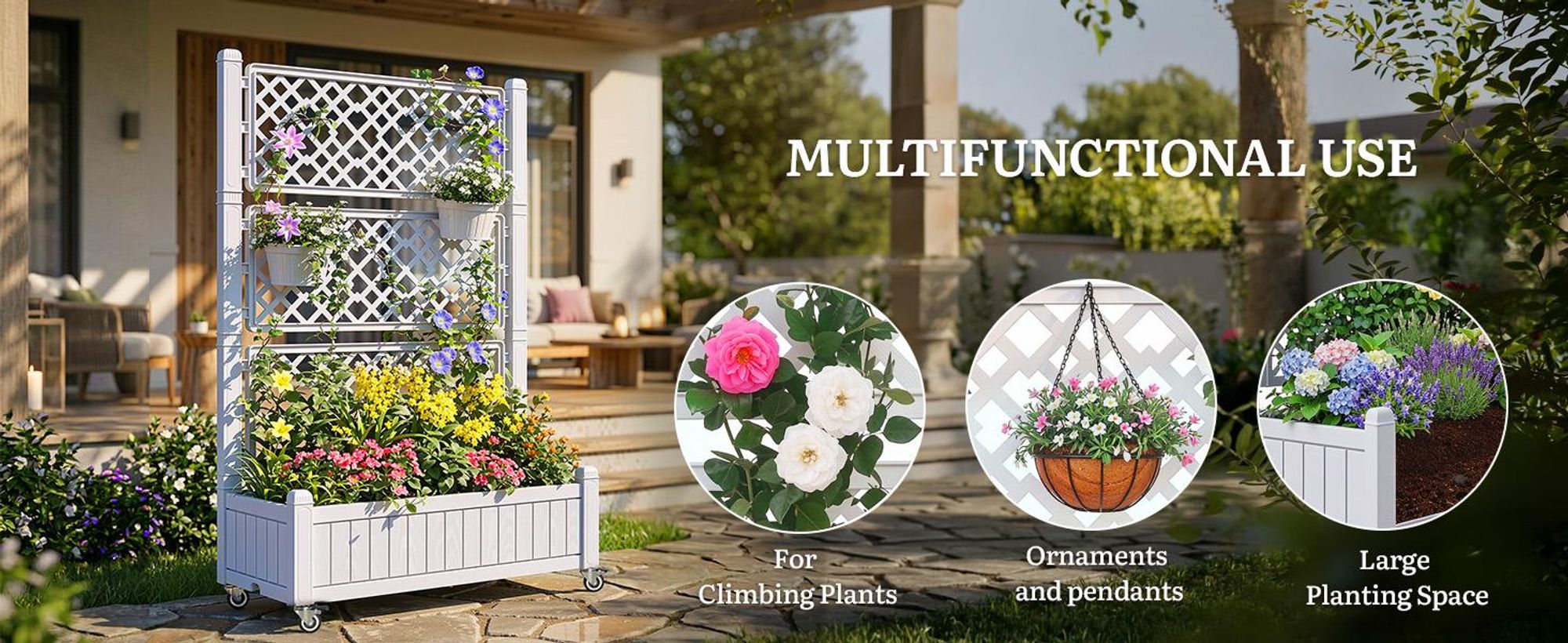 Pflanzkasten mit Rankgitter, Hochbeet für Balkon, 108,5x44x155cm, Garten Rankgitter mit Rädern, Gemüse- Blumenkasten, Weiß