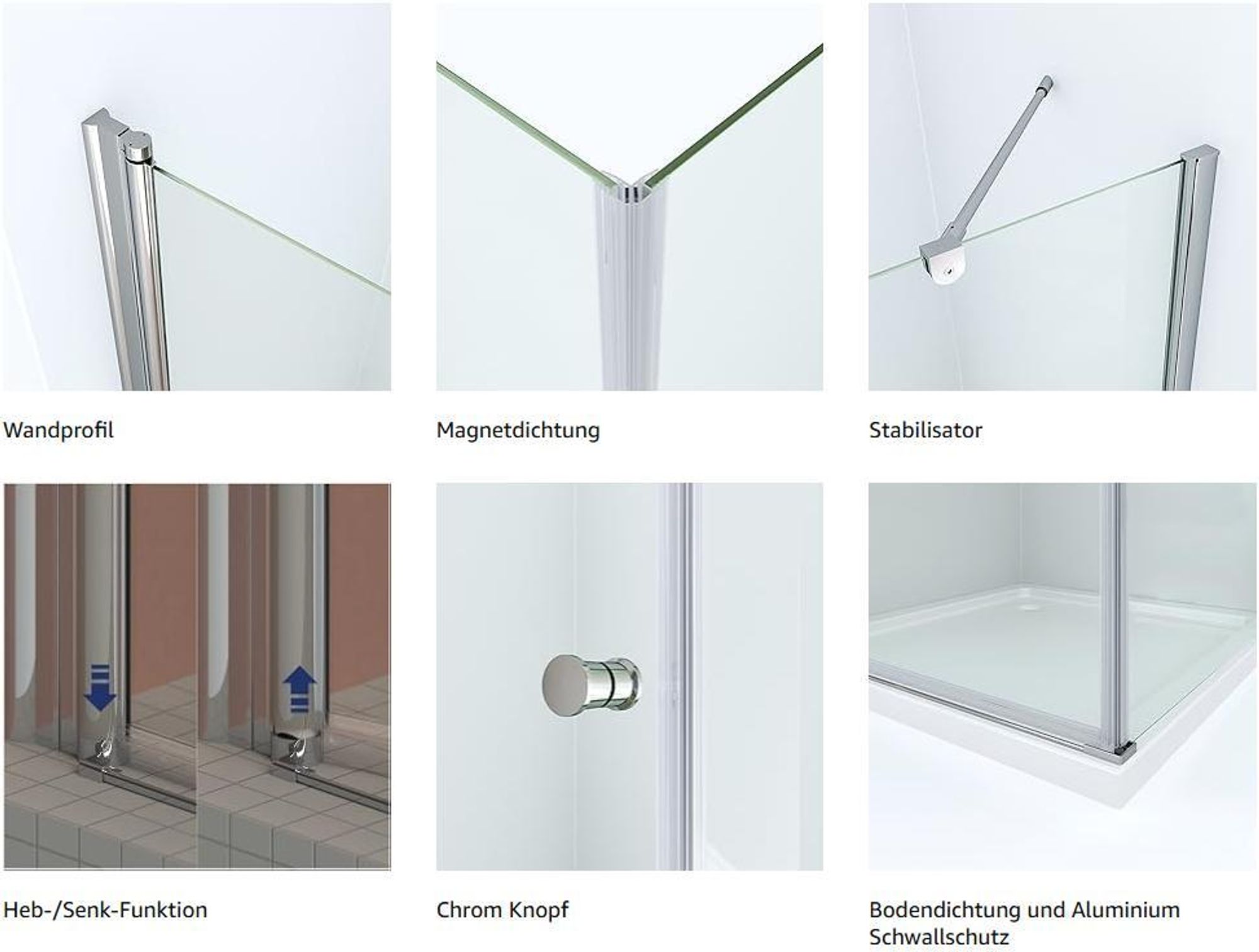 Duschkabine aus Sicherheitsglas (ESG) 5 mm klar Höhe 187 cm rahmenlos Chrom-Optik