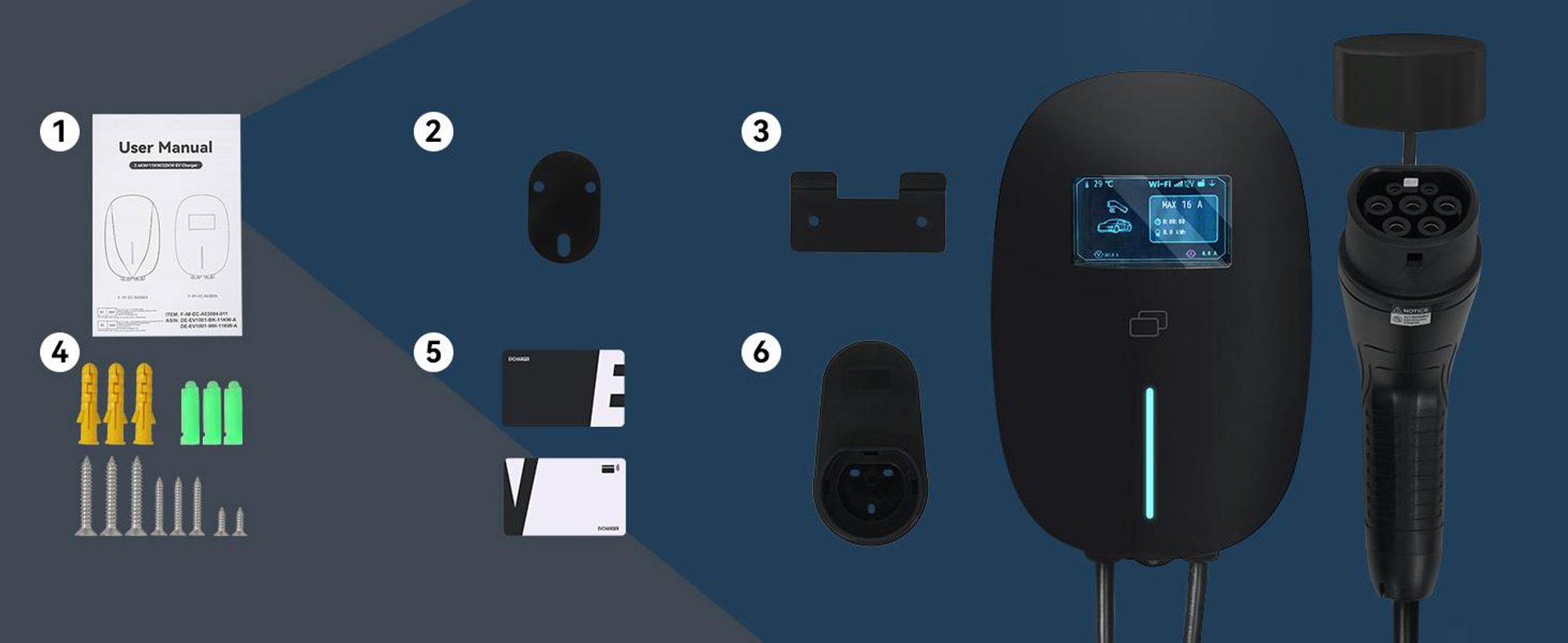 Puluomis Wallbox Ladestation 11kW Ladekabel 7m Typ 2 mit Halter,EV Ladegerät 3-phasig 6-16A einstellbar, IP65 Wasserdicht mit Wlan & Bluetooth schwarz