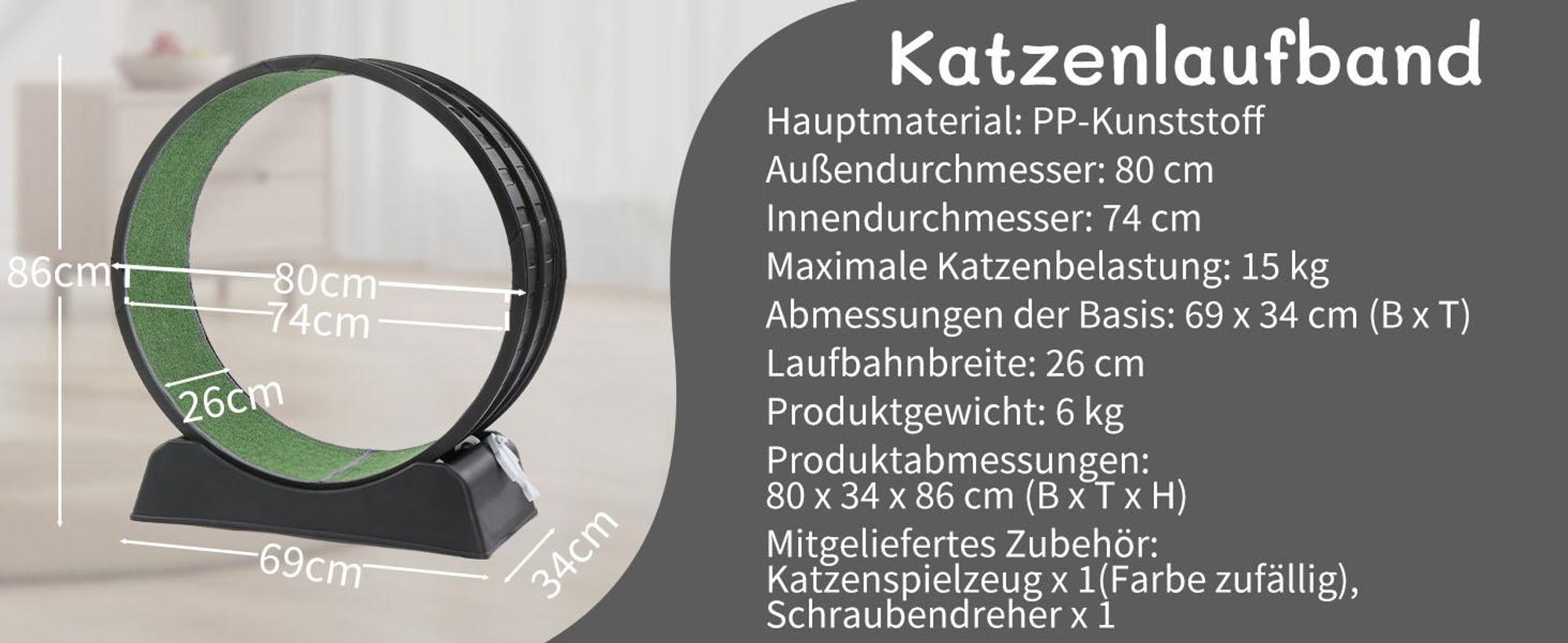 FCH Katzenlaufrad, Laufband für Katzen, Innendurchmesser 80cm, PP-Kunststoff, leise Laufband und Sicherheitsschloss-Design, Schwarz