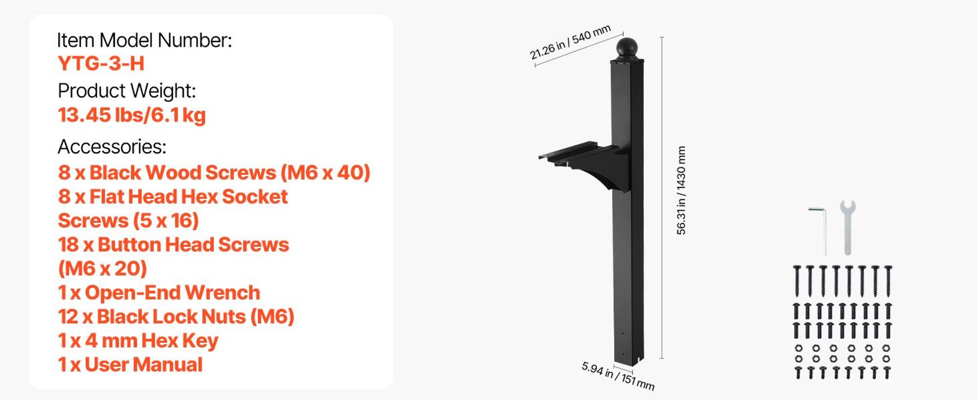 VEVOR Briefkastenpfosten, 1430x540x151 mm, Aluminium-Briefkastenständer zur Bodenmontage mit universeller Plattenhalterung, Metallpfostenhülsen-Set für den Außenbereich, schwarz