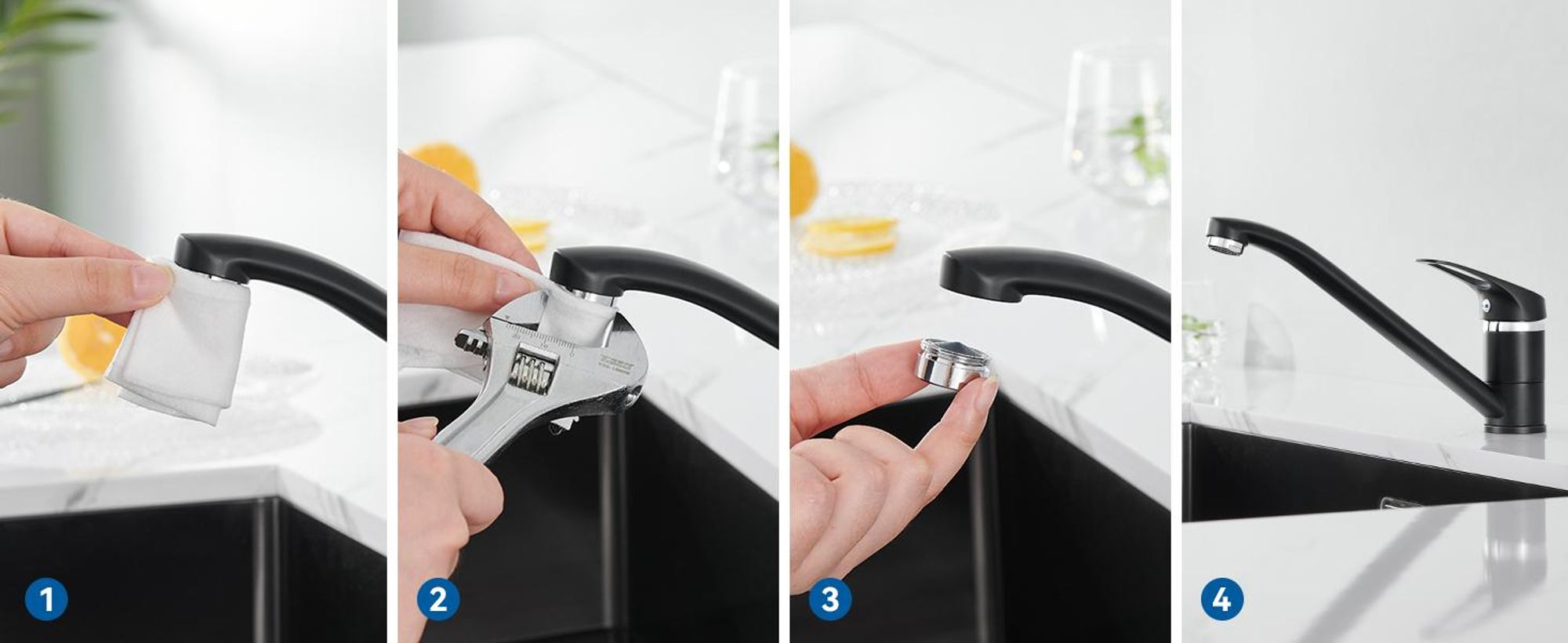 Küchenarmatur mit langem Auslauf – 360° drehbarer Wasserhahn in Schwarz, Edelstahl-Innenleben, ABS-Luft-Einspritzer, für links/rechts montierbar