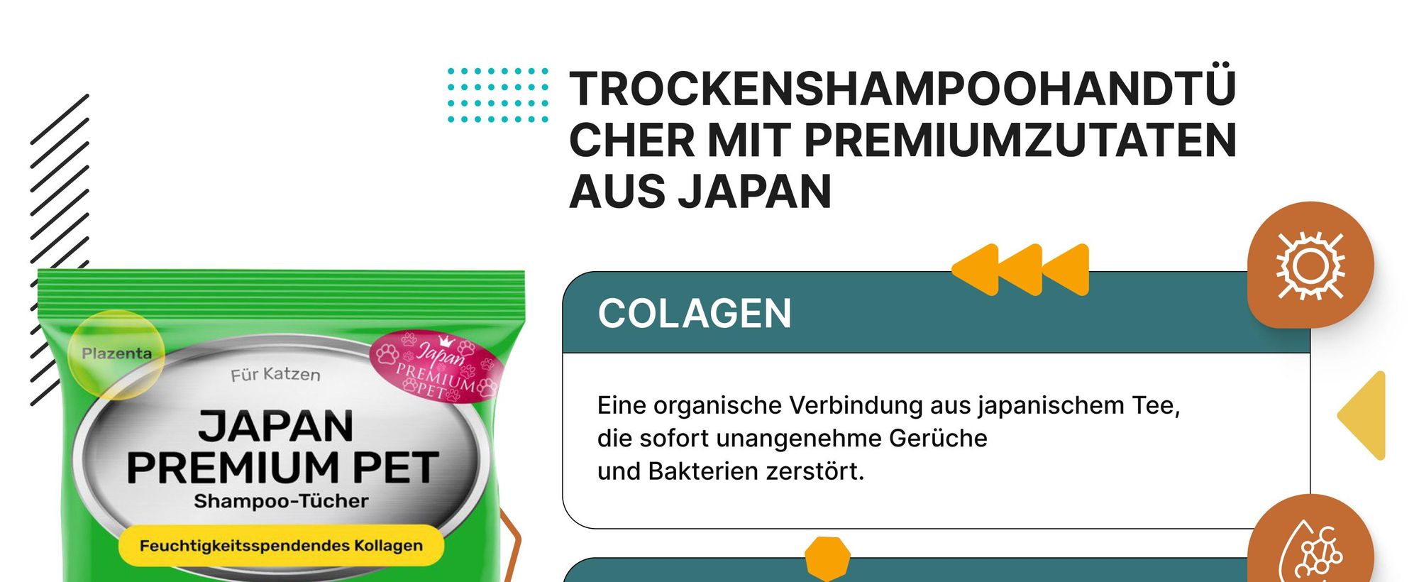 Japan Premium Katzenshampoo Tücher – 25 Trockenshampoo-Feuchttücher mit Kollagen & Plazenta, reinigend & desodorierend für Katzen (30x20 cm)