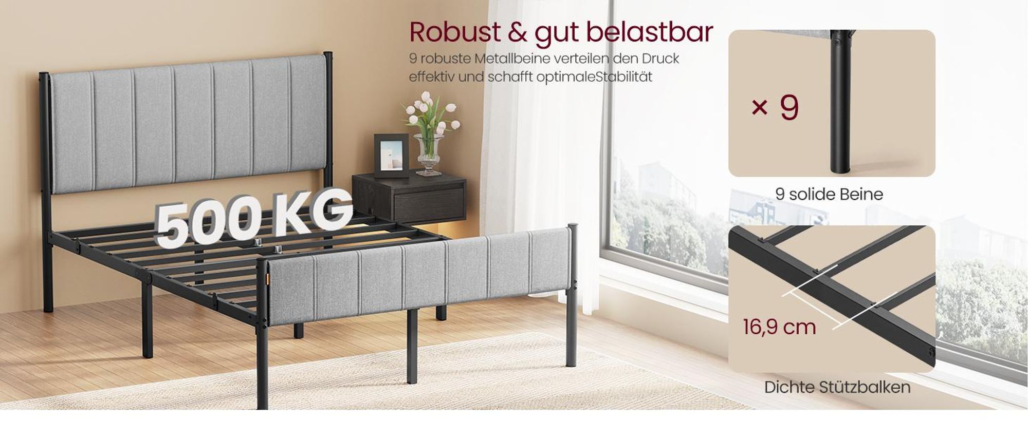 VASAGLE Doppelbettgestell, 140 x 200 cm, Bettgestell, mit gepolstertem Kopfteil, Bettrahmen, Stahl, trägt bis zu 500 kg, einfache Montage