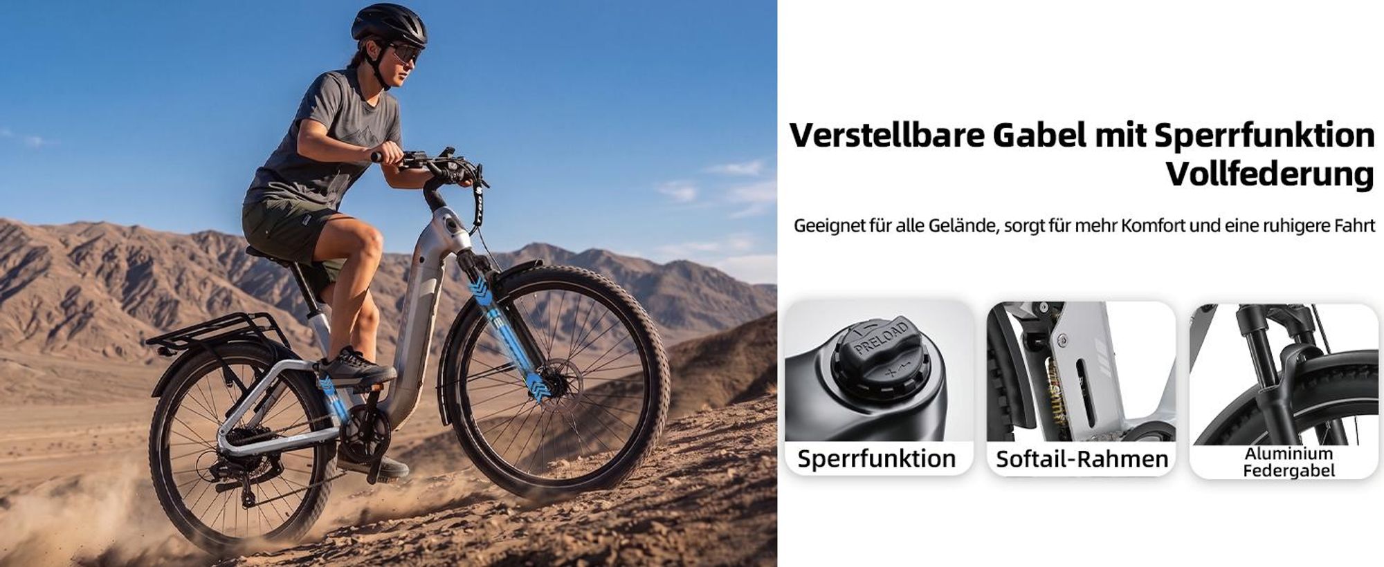 TTGO E-SUVO S6 E-Bike 28 Zoll Damen Herren, SUV, Fully, 48V 720Wh bis zu 140km, 70NM,Bremslicht,7 Gang Shimano, Softtail Elektrofahrrad Pedelec Weiß