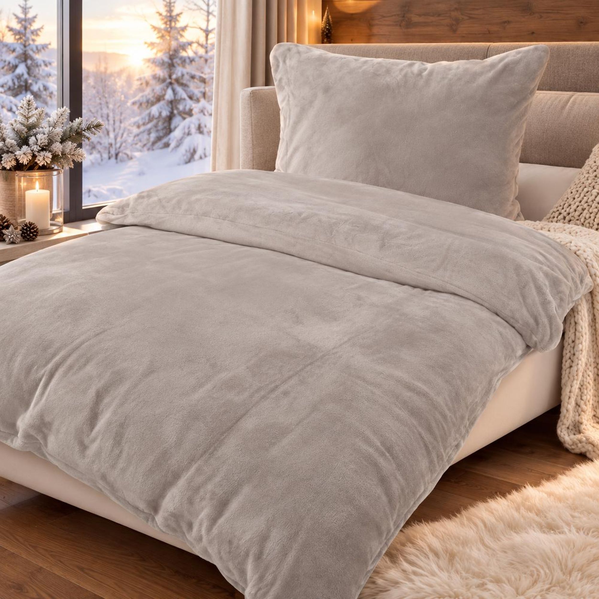 Bettwäsche Winter Flausch Fleece Cashmere Touch Uni Wende warm 2 teilig 135x200 mit RV Farbe Taupe / Taupe
