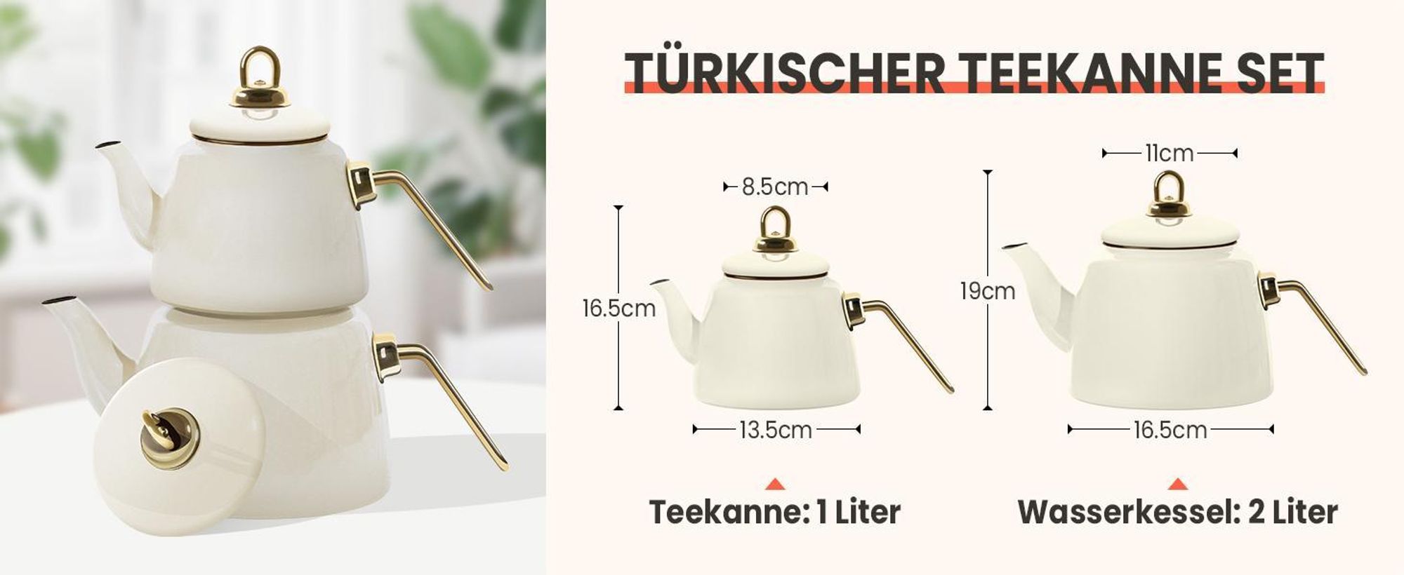 Homelux Teekanne Set, Wasserkessel Induktion Teekocher aus Emaille, Induktionsgeeignet, 2L+1L, Türkische teekanne, Caydanlik,Weiß