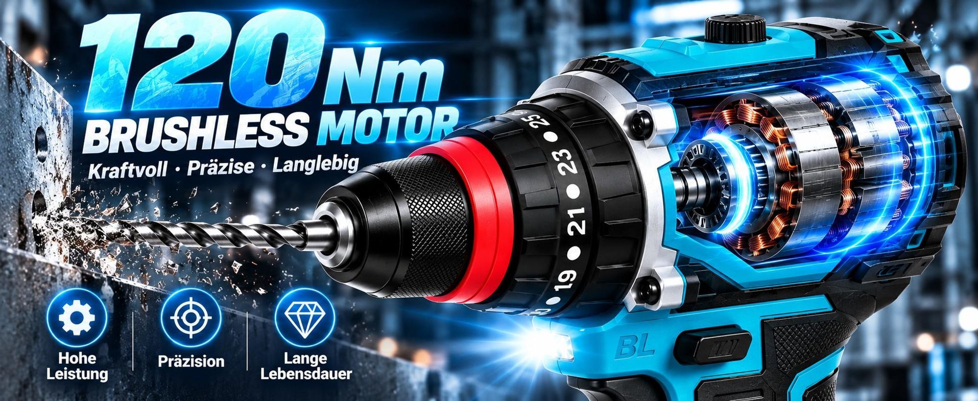 3-in-1 Akku-Schlagbohrschrauber 21V Brushless, 60Nm, 2×2,0Ah Akkus, 25+3 Drehmomentstufen, 2-Gang, 10 mm Bohrfutter, LED, Koffer
