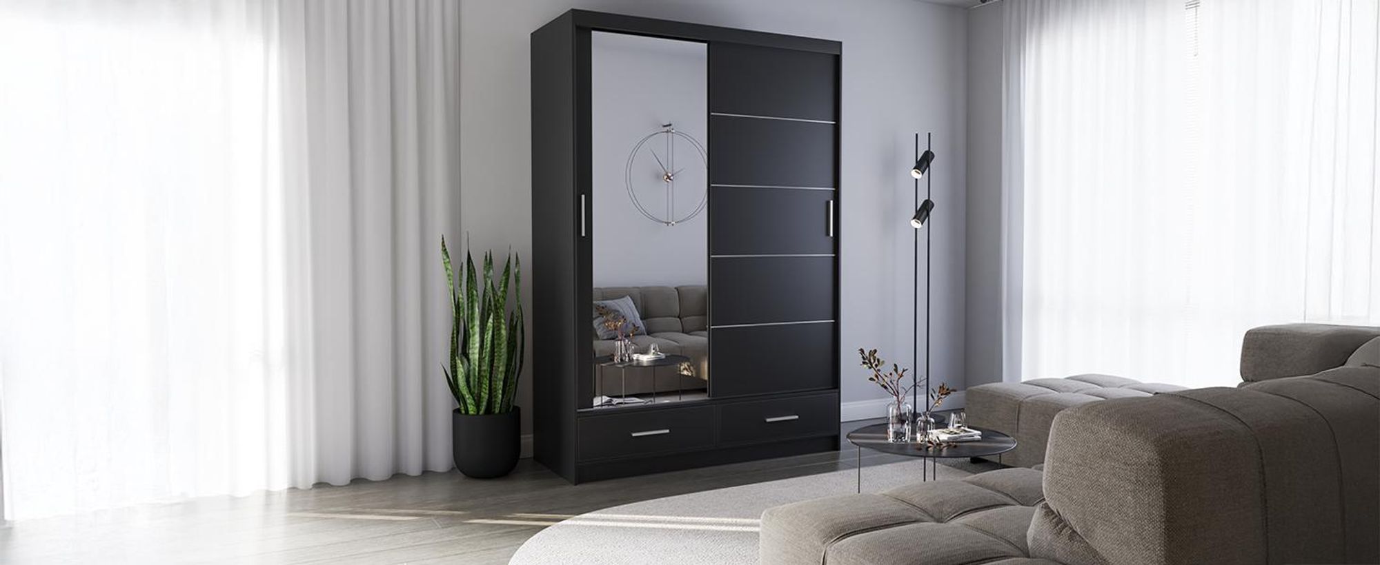 Schwebetürenschrank Kleiderschrank 150 cm Schwarz/Schwarz matt mit Spiegel Florence