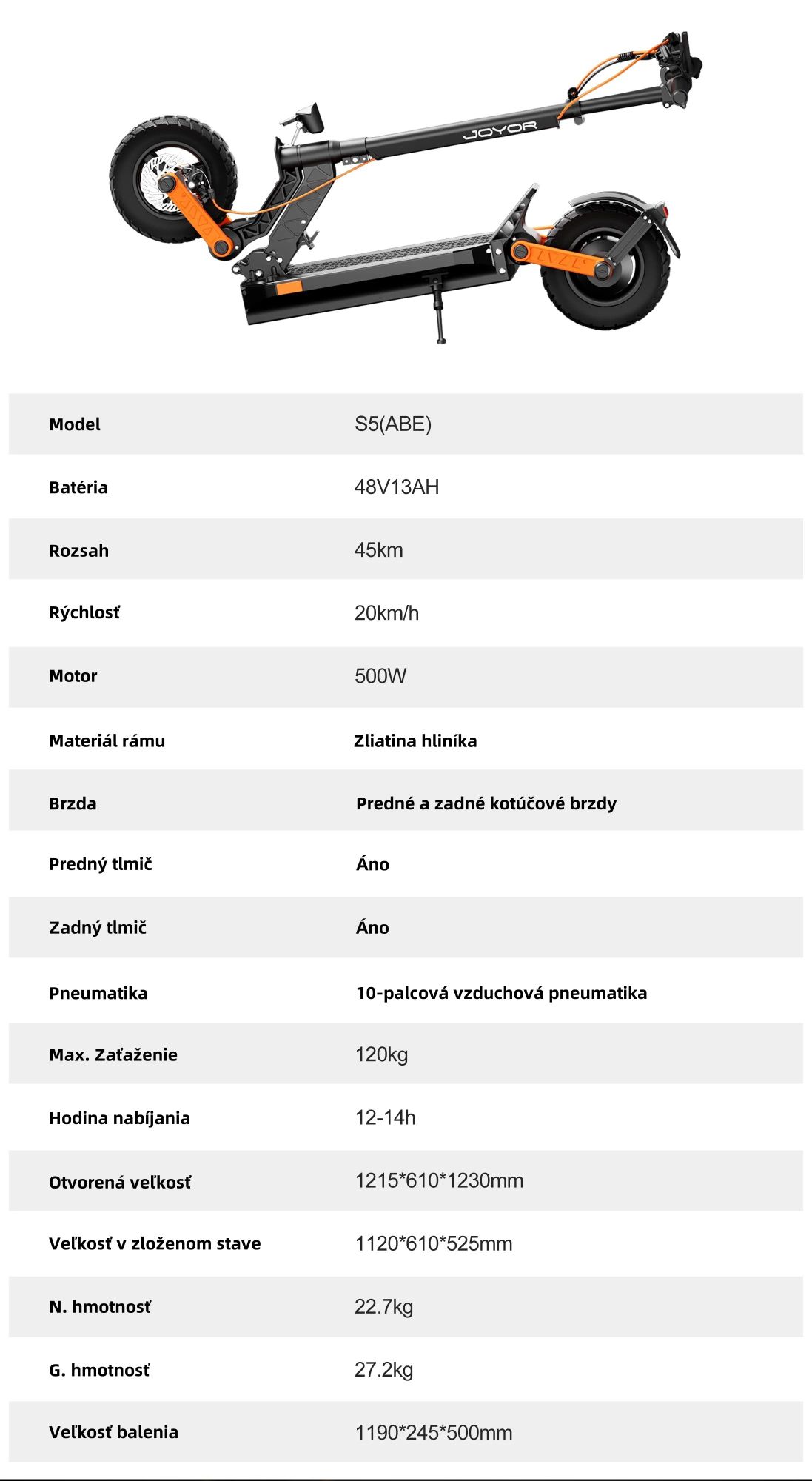 JOYOR S5 S Certifikátom ABE Skladateľný Elektrický kolobežka - 500W Motor 48V13AH Batéria 10-palcové Pneumatiky - Čierna