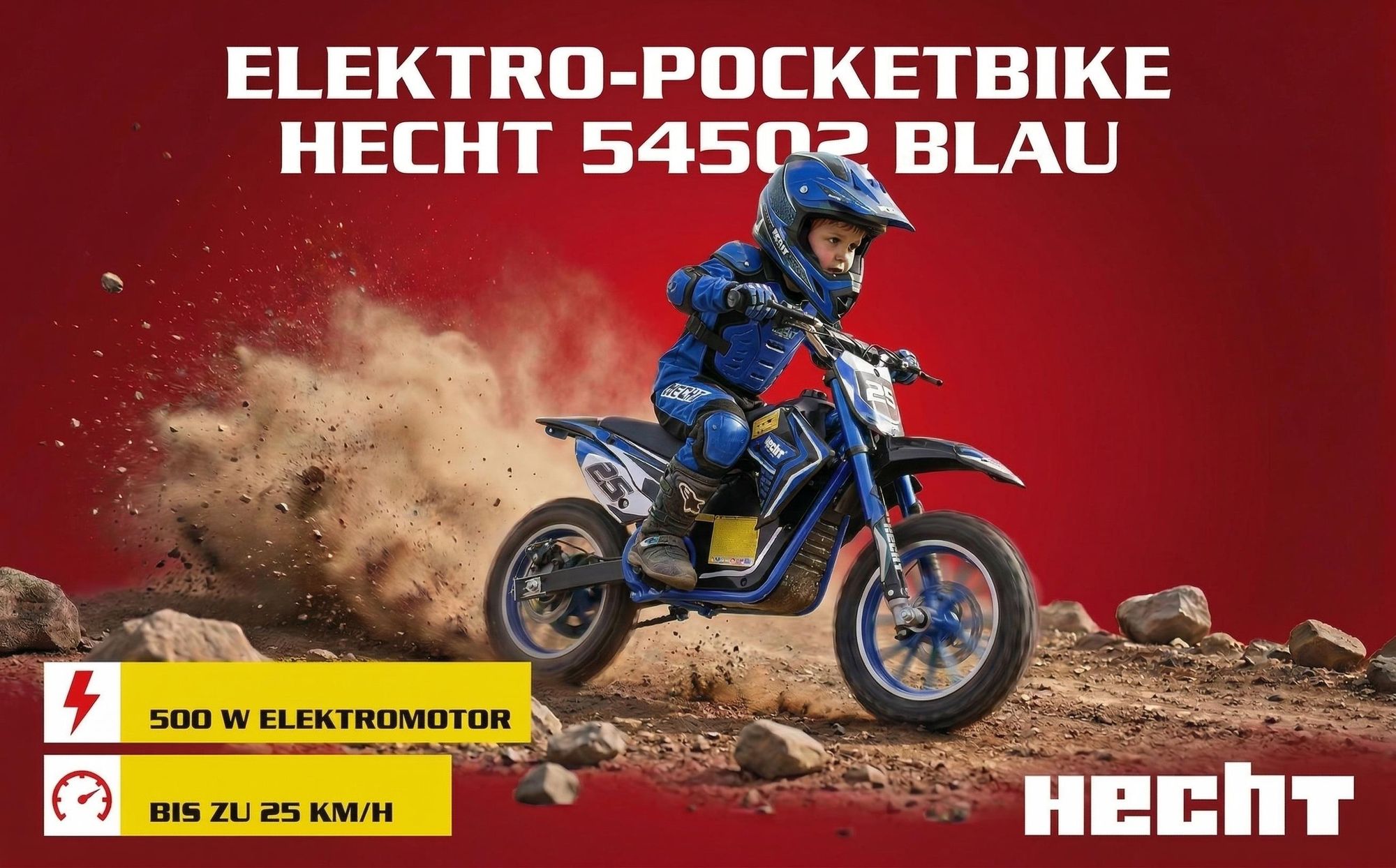 HECHT 54502 Elektro Pocketbike | Blau | bis 25km/h | 500W | bis 75kg | 36V | 8Ah Akku | 8-12h Ladezeit